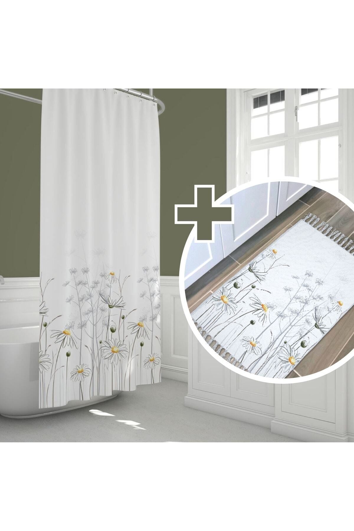 Çiçek Desenli Kaymaz Taban Dijital Baskılı 50x80cm Banyo Paspası ve 180x200cm Dijital Baskılı Banyo Perdesi Takımı — 180 x 200 + 50 x 80