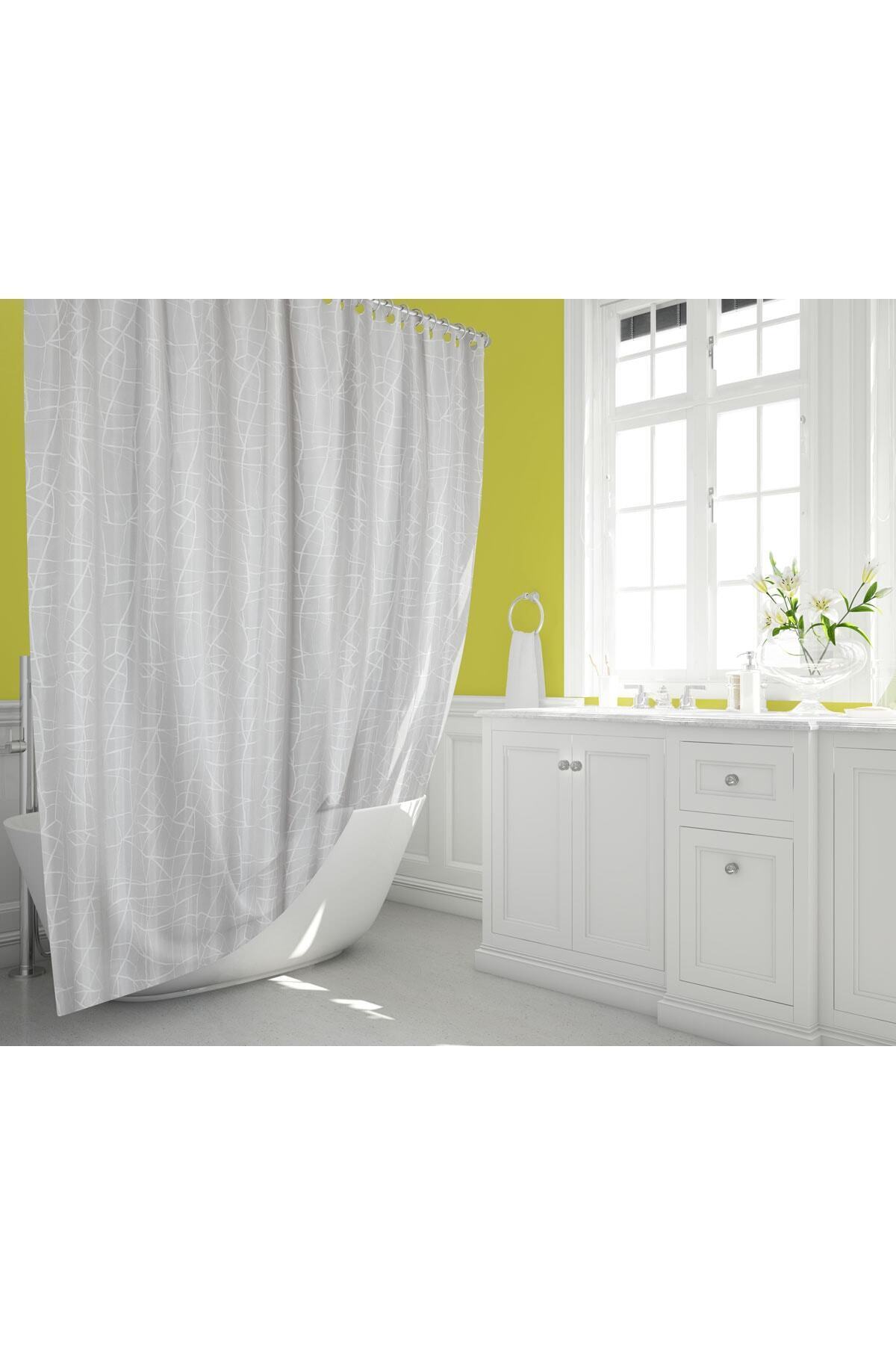Tropikhome 120 X 200 (Çift Kanat) Beyaz Mermer Desenli Banyo Perdesi — Beyaz
