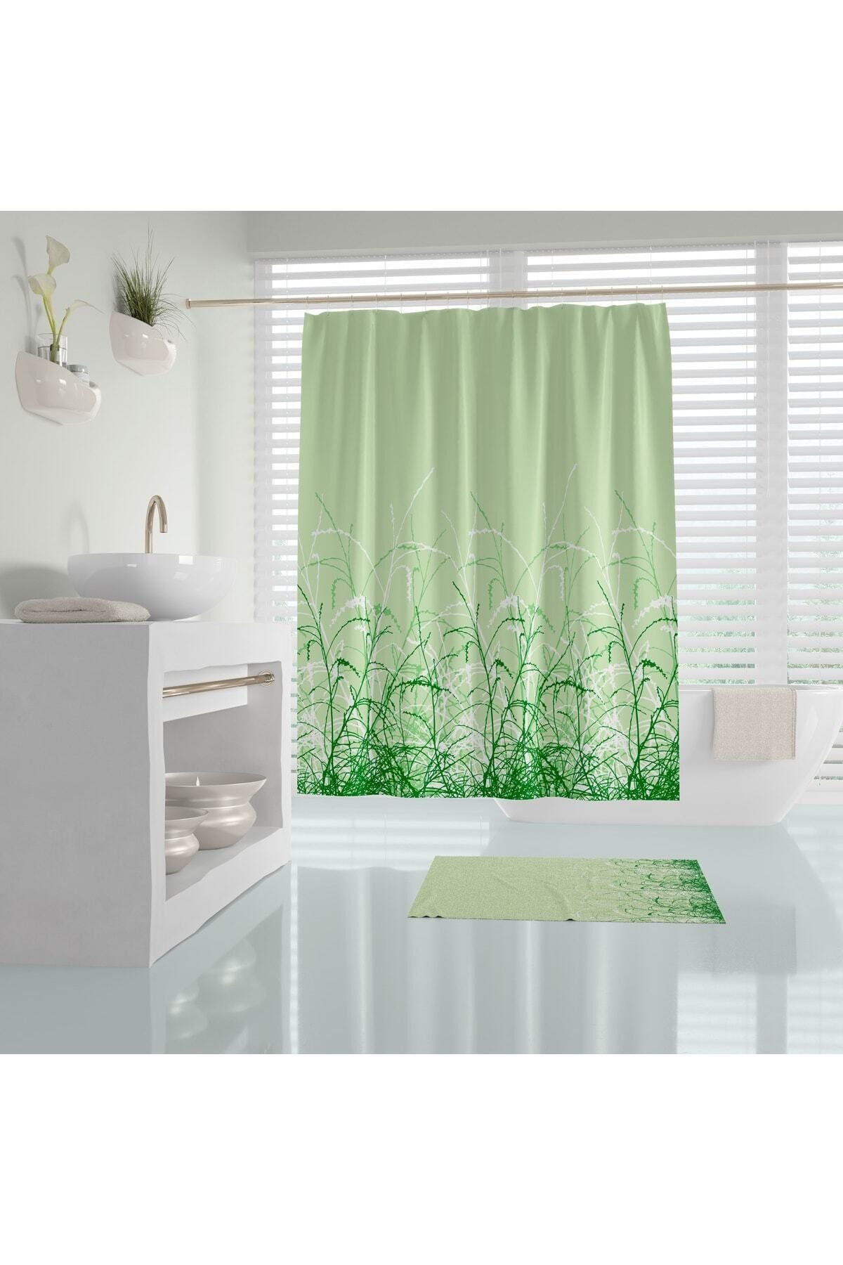 Tropikhome 180 x 200 Yeşil Kır Desenli Banyo Perdesi — Yeşil