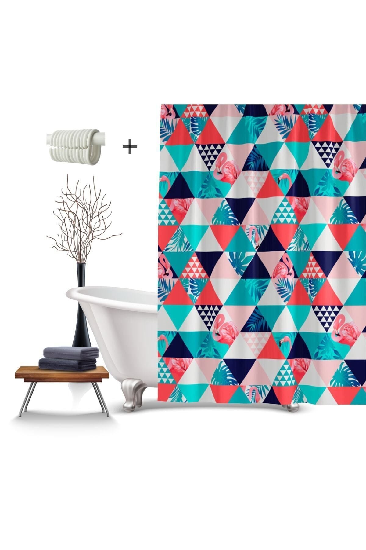 Tropikhome 180 x 200 Çok Renkli Tropikal Flamingo Desenli Geometrik Banyo Perdesi — Çok Renkli