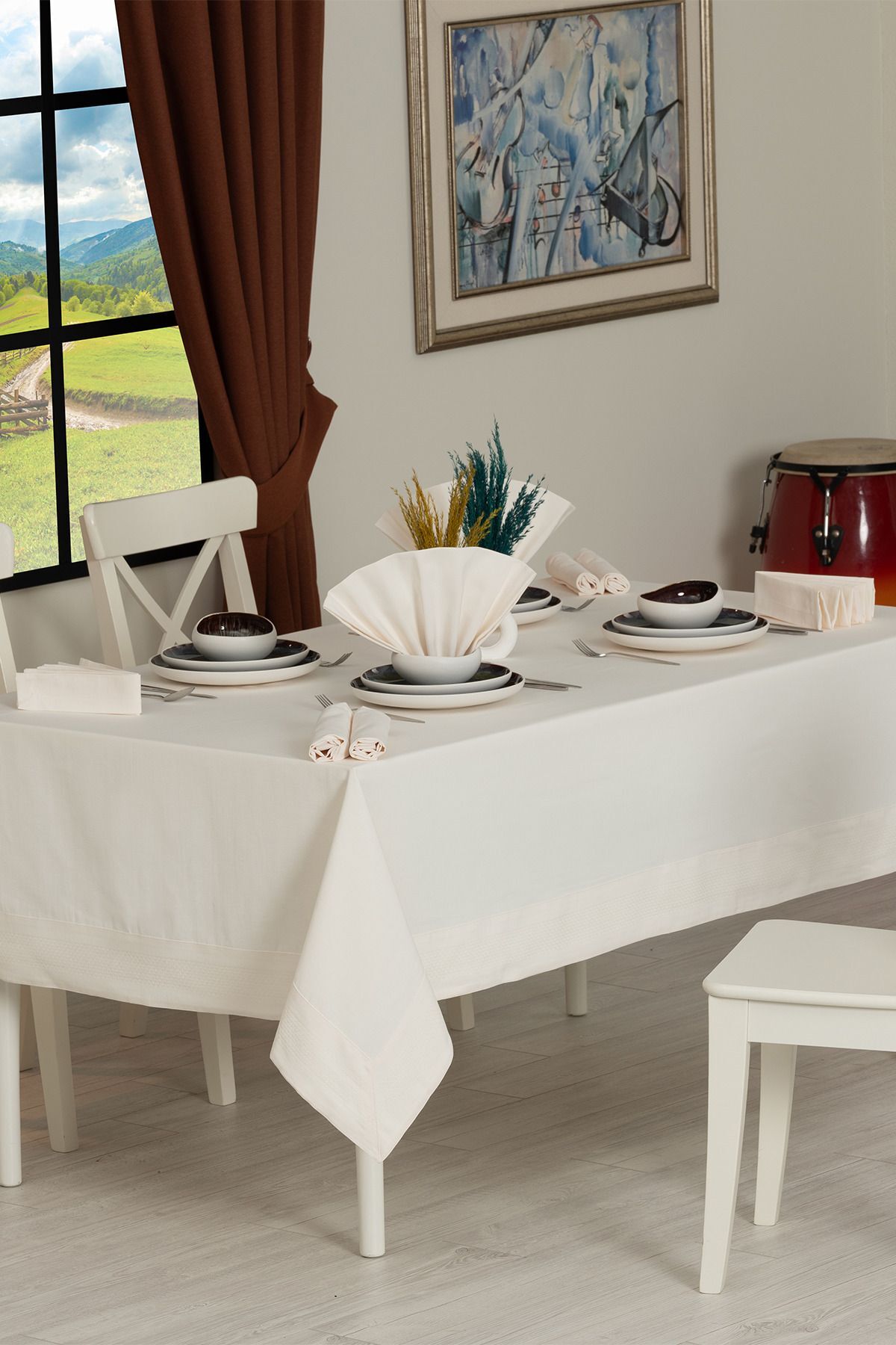 Tropikhome 160 x 220 + 8 Peçete Krem Pamuklu 9 Parça Masa Örtüsü Seti  — Krem