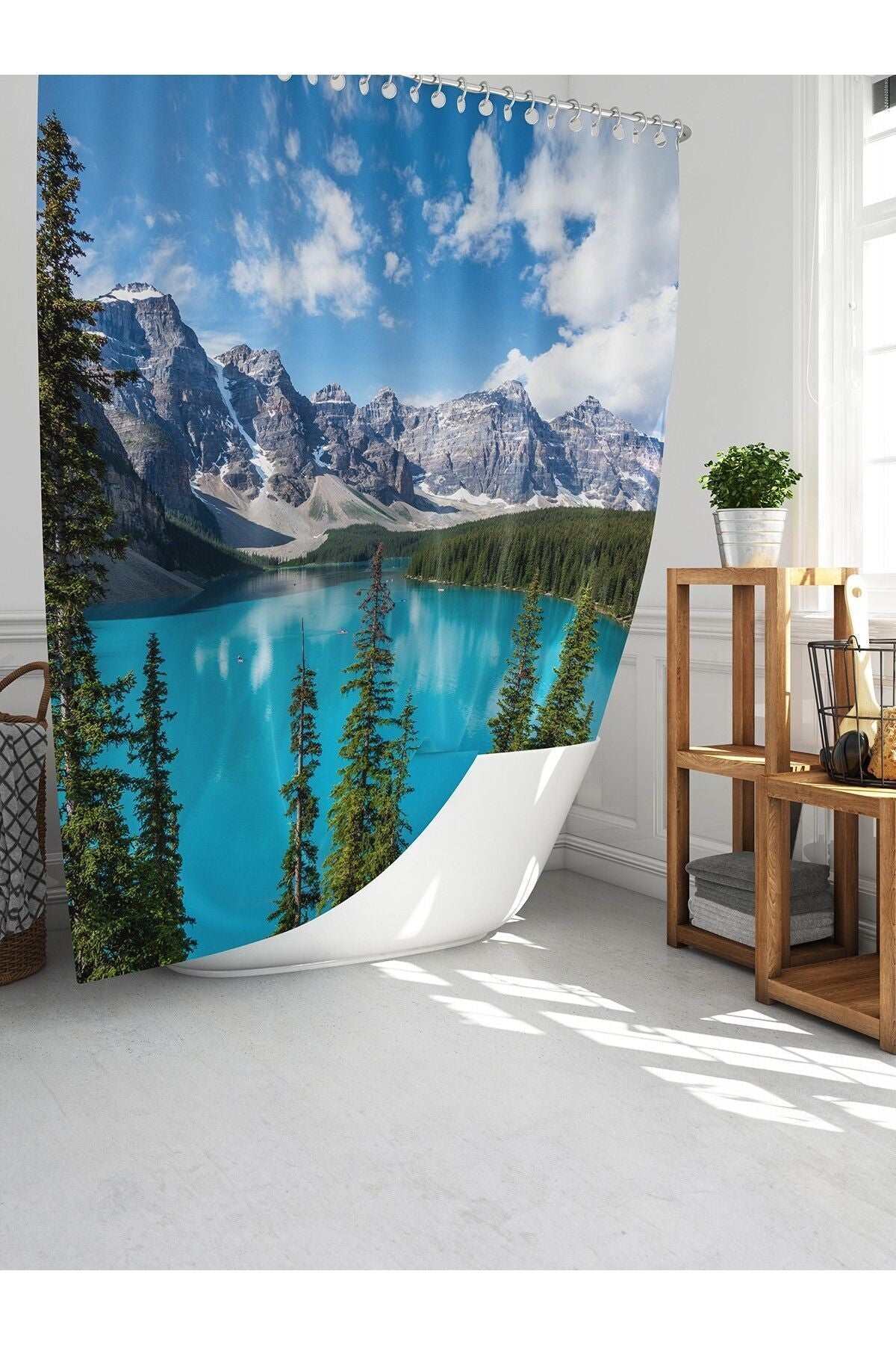 Tropikhome 180 x 200 Gri Dağ Manzarası Desenli Banyo Perdesi — Gri