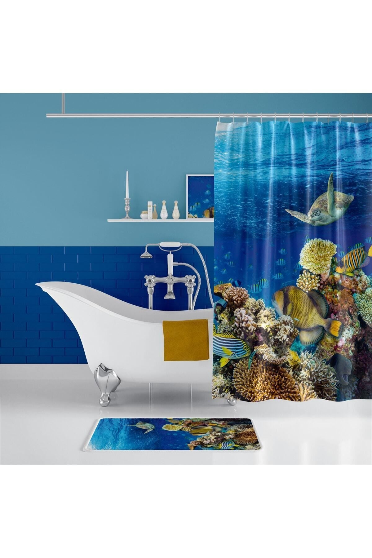 Su Atı Desenli Kaymaz Taban Dijital Baskılı 50x80cm Banyo Paspası ve 180x200cm Dijital Baskılı Banyo Perdesi Takımı — 180 x 200 + 50 x 80