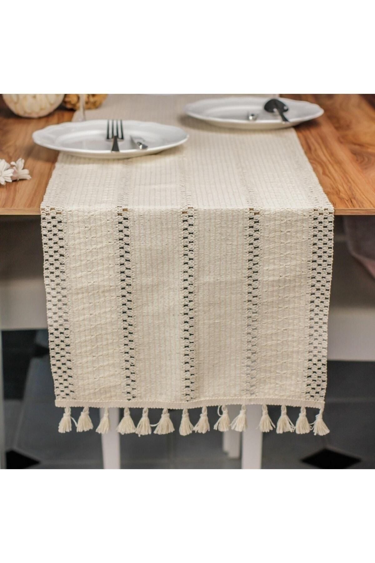 Ham Organik Pamuk Dantel Desenli Püsküllü Krem Runner 35x145 Cm  Masa Sunum Örtüsü — Krem