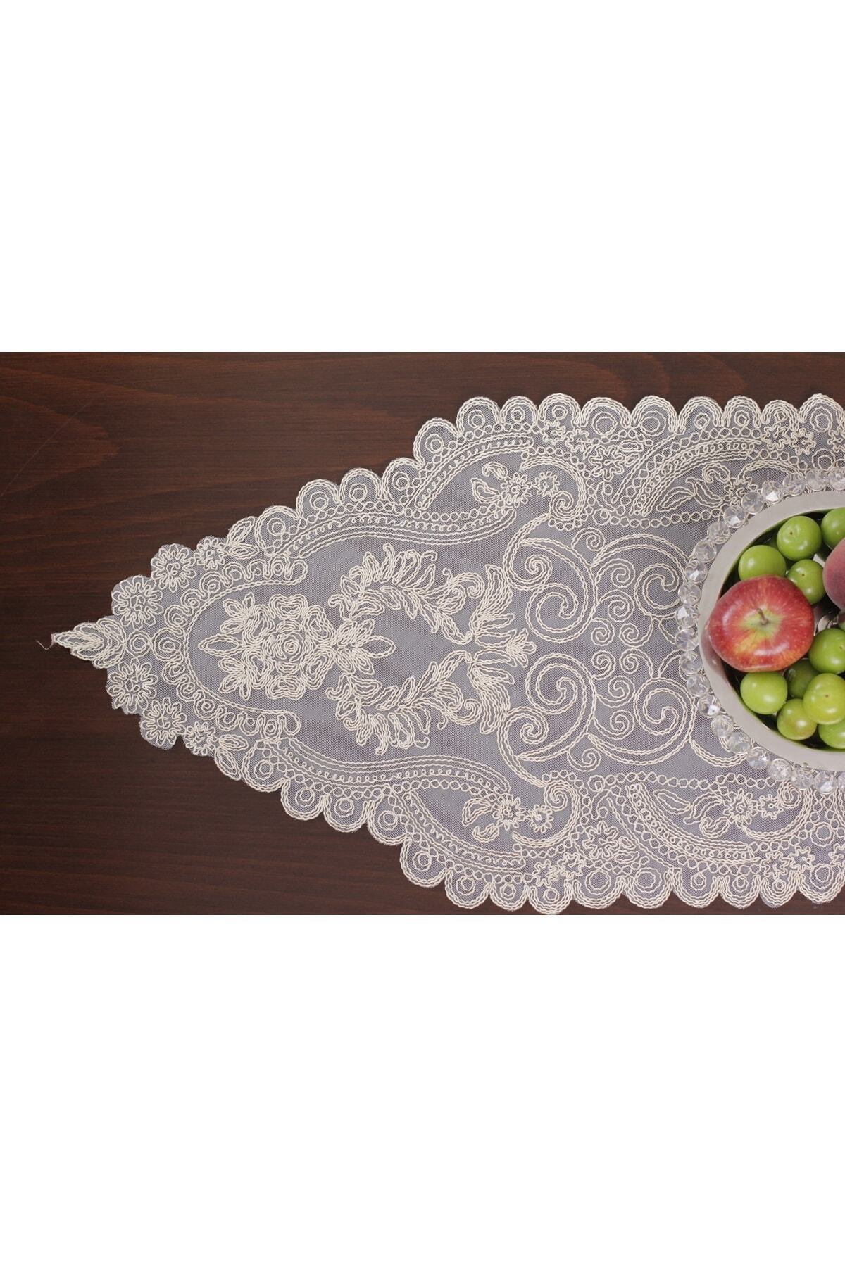 Tropikhome Nakışlı Bej 35 x 115 Runner + 35 x 50*8 Amerikan Servisli 9 Parça Sunum Yemek Seti — Bej