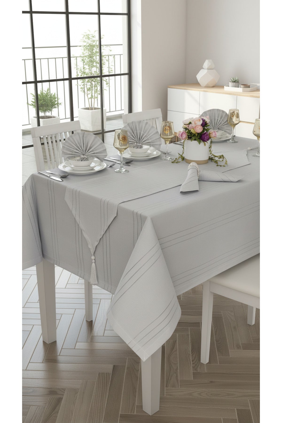 Tropikhome 160 x 220 + 1 Runner + 12 peçete + 12 Yüzük'lü Keten Görünümlü 26 Parça Dertsiz Çeyiz Seti — Gri