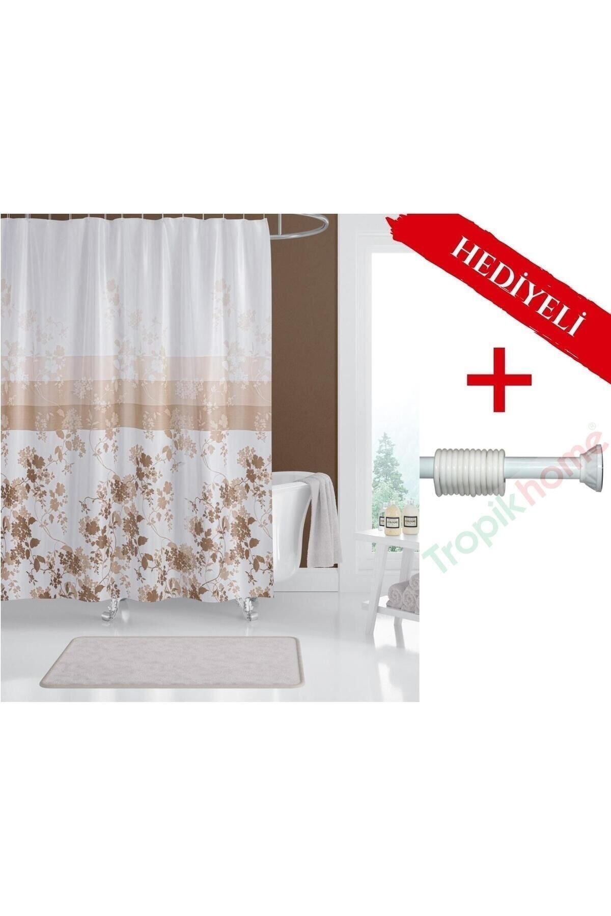 Çiçek Desenli Polyester Kumaş Banyo Perdesi 2MT Beyaz Yaylı Boru ve C-halkalı Set — Bej