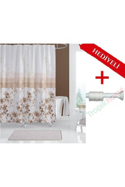 Çiçek Desenli Polyester Kumaş Banyo Perdesi 2MT Beyaz Yaylı Boru ve C-halkalı Set — Bej