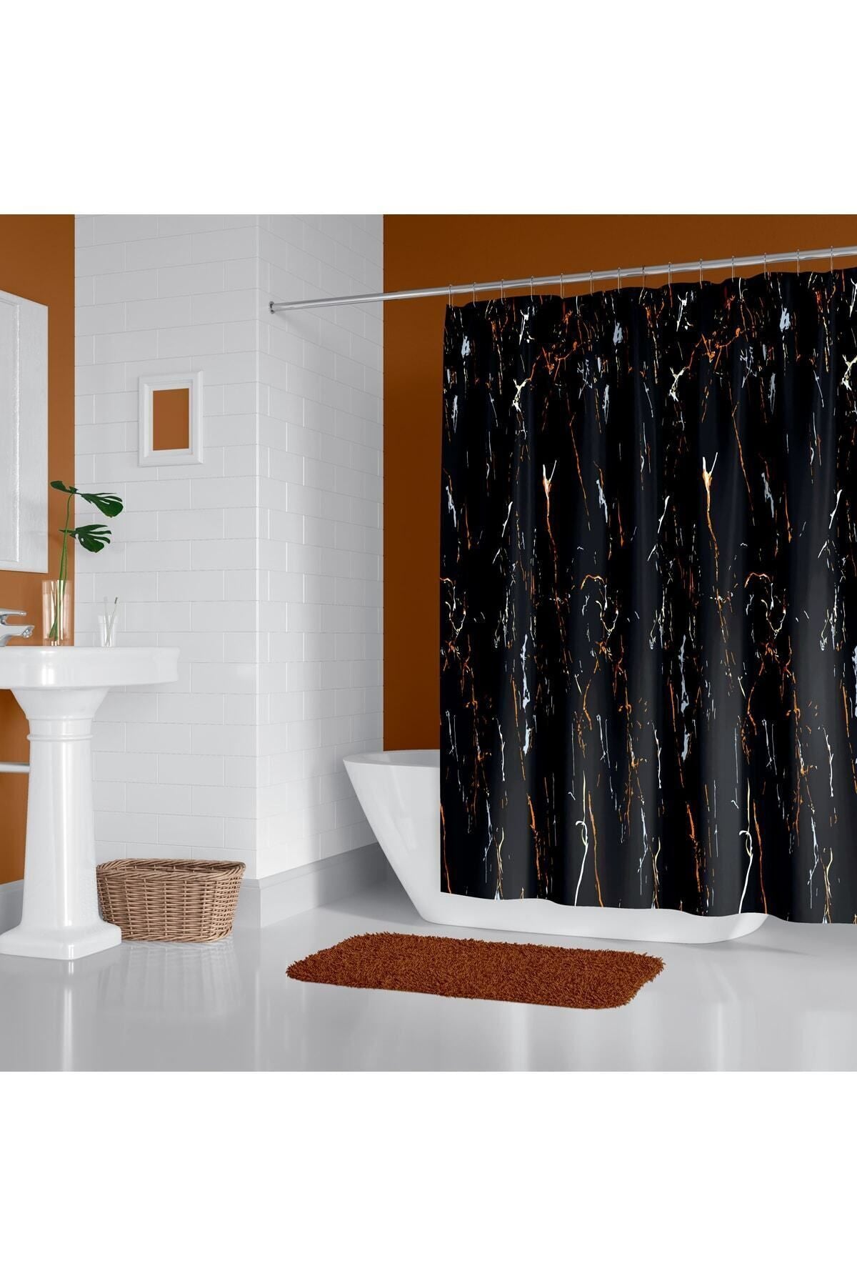 Tropikhome 120 X 200 (Çift Kanat) Siyah Mermer Desenli Banyo Perdesi — Siyah