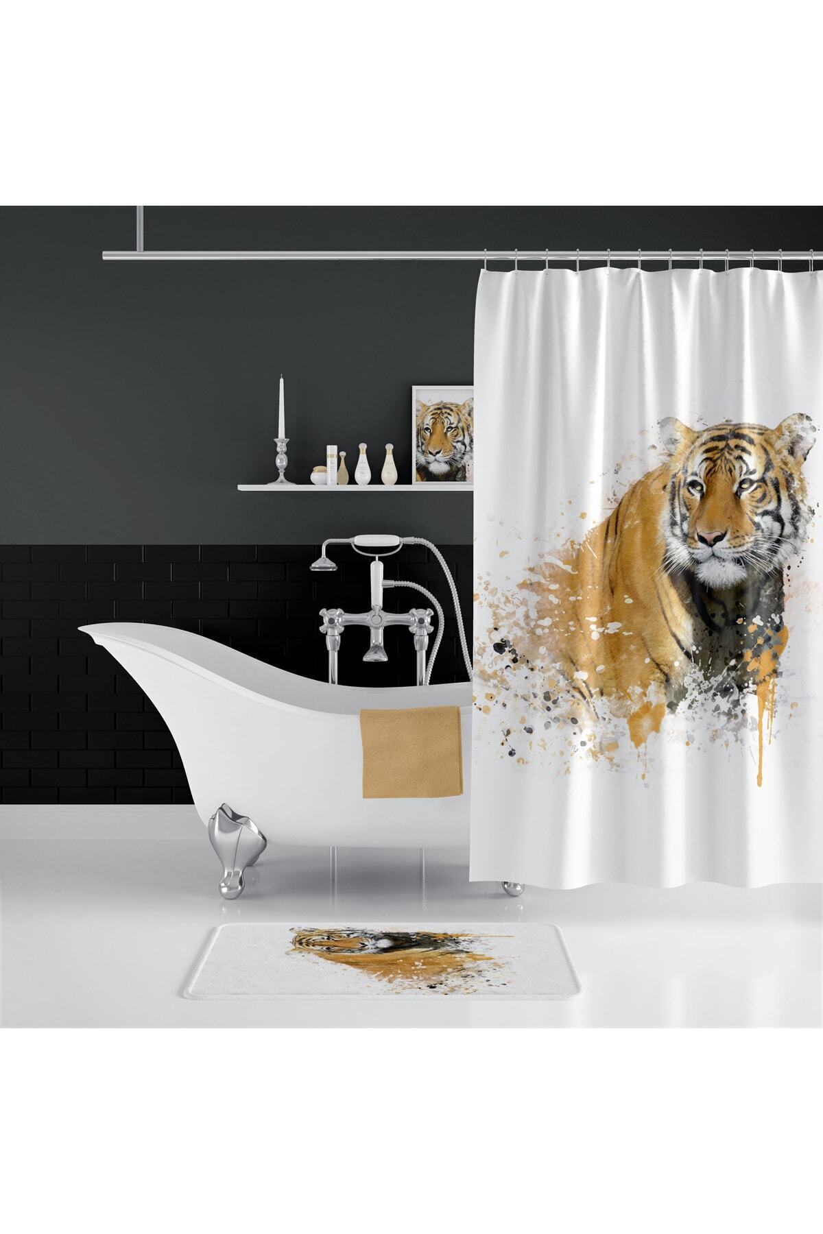Kaplan Desenli Kaymaz Taban Dijital Baskılı 50x80cm Banyo Paspası ve 180x200cm Dijital Baskılı Banyo Perdesi Takımı — 180 x 200 + 50 x 80