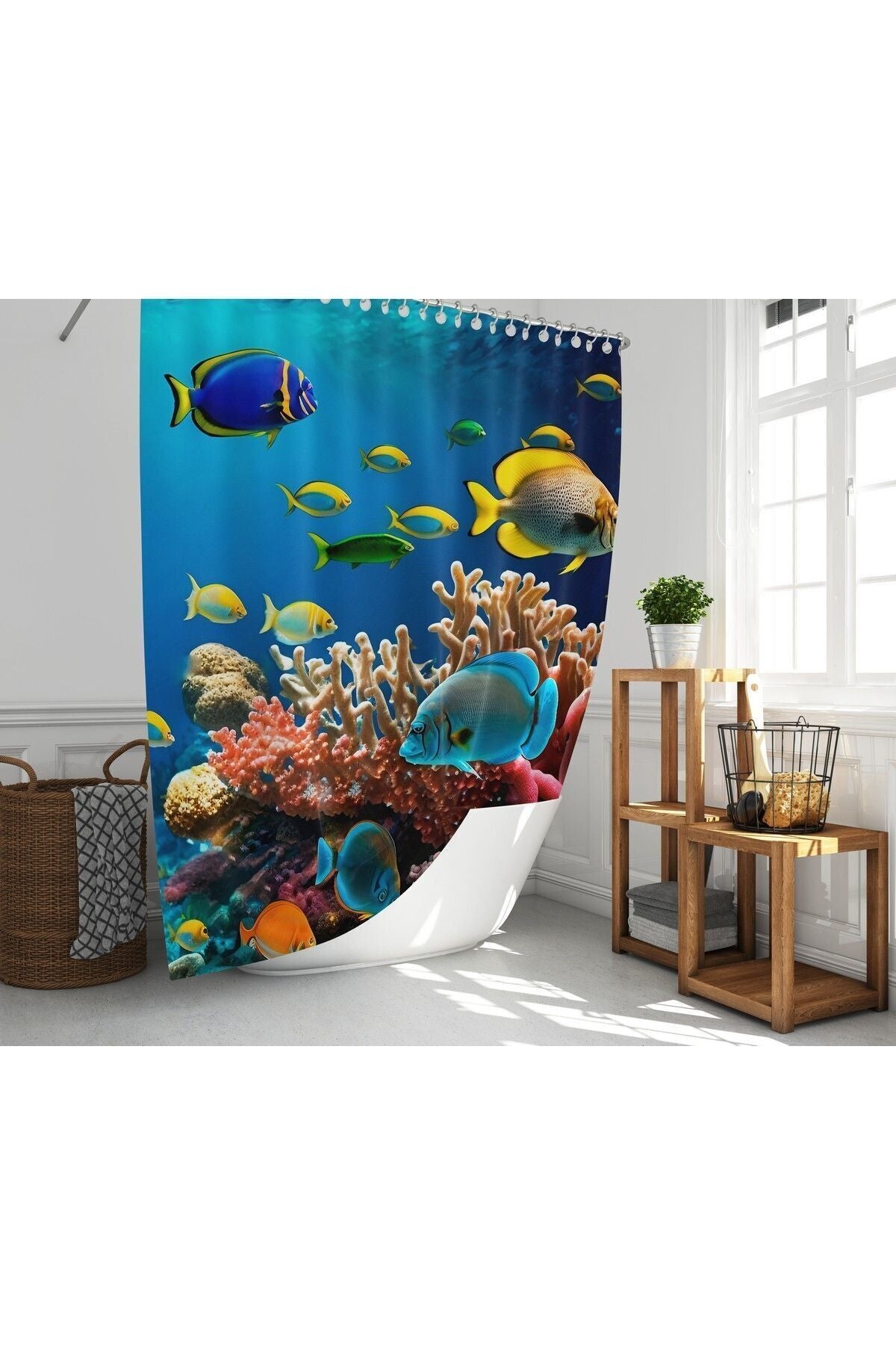 Tropikhome 180 x 200 Mavi Su Altı Balık Desenli Banyo Perdesi — Mavi