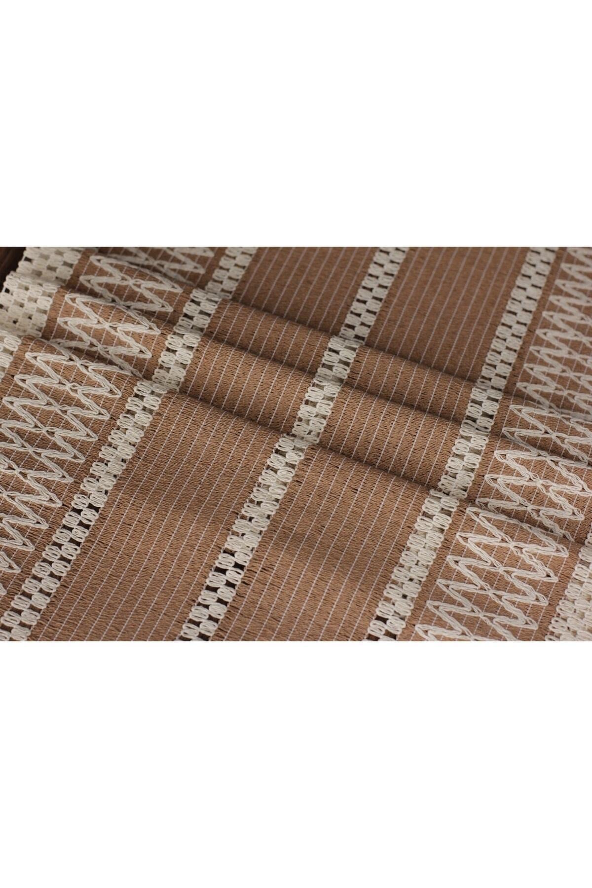 Ham Organik Pamuk Dantel Desenli Püsküllü Bej Runner 35x145 Cm  Masa Sunum Örtüsü — Bej