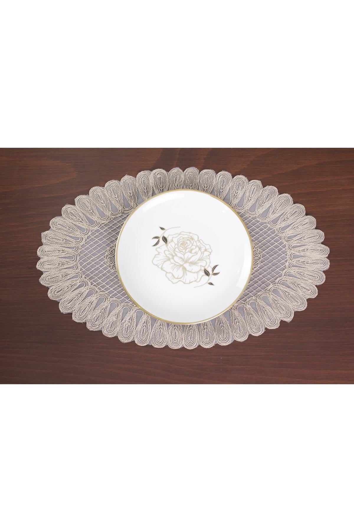 Tropikhome Nakışlı Bej 32 x 110 Runner + 32 x 50*6 Amerikan Servisli 7 Parça Sunum Yemek Seti — Bej