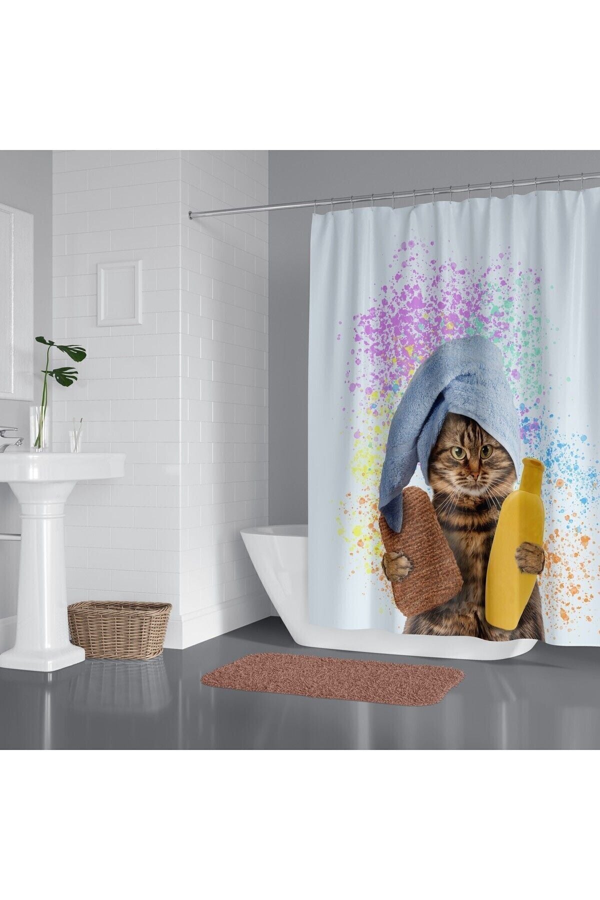 Tropikhome 180 x 200 Çok Renkli Kedi Desenli Banyo Perdesi — Çok Renkli