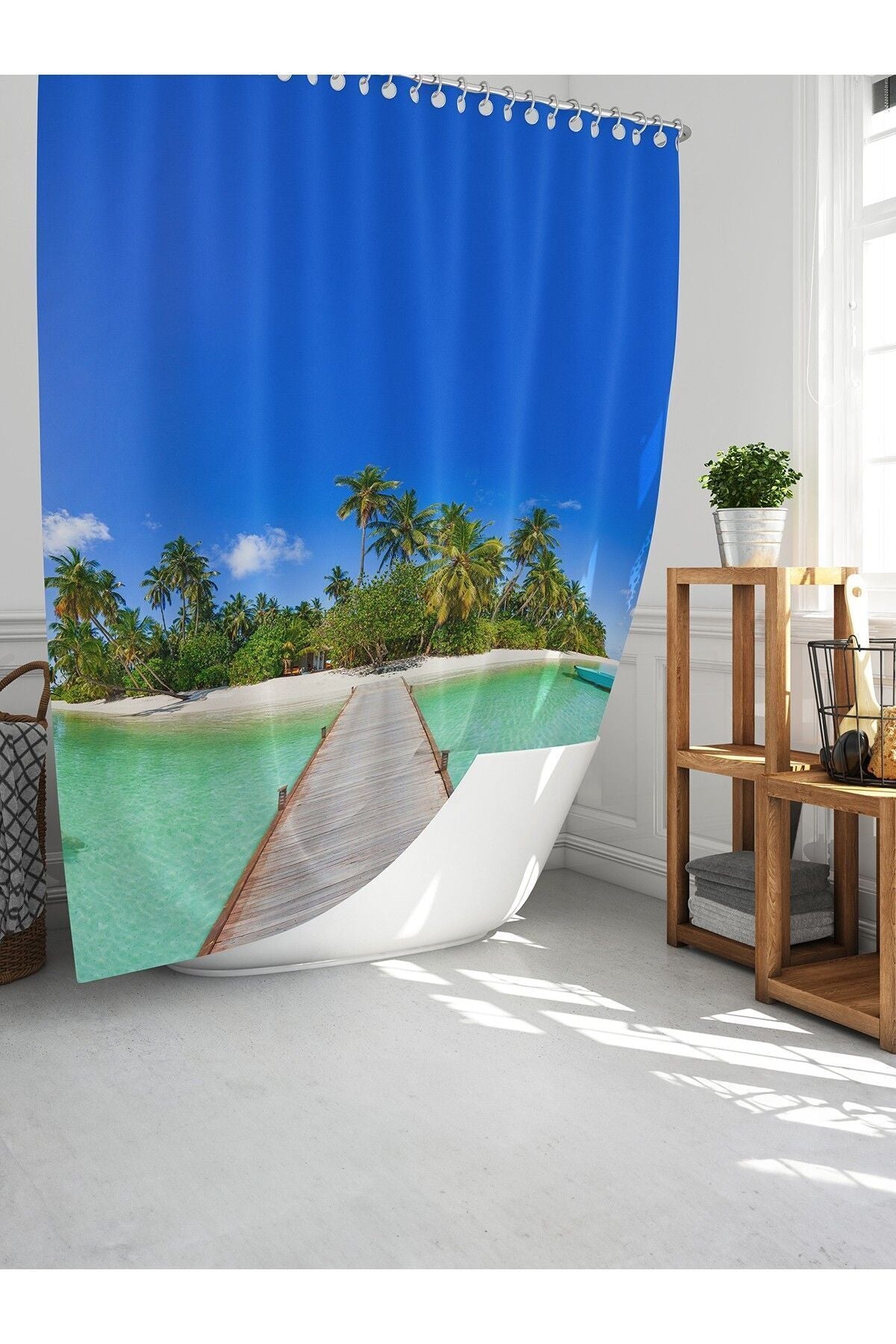 Tropikhome 180 x 200 Çok Renkli Sahil Manzarası Desenli Banyo Perdesi — Çok Renkli