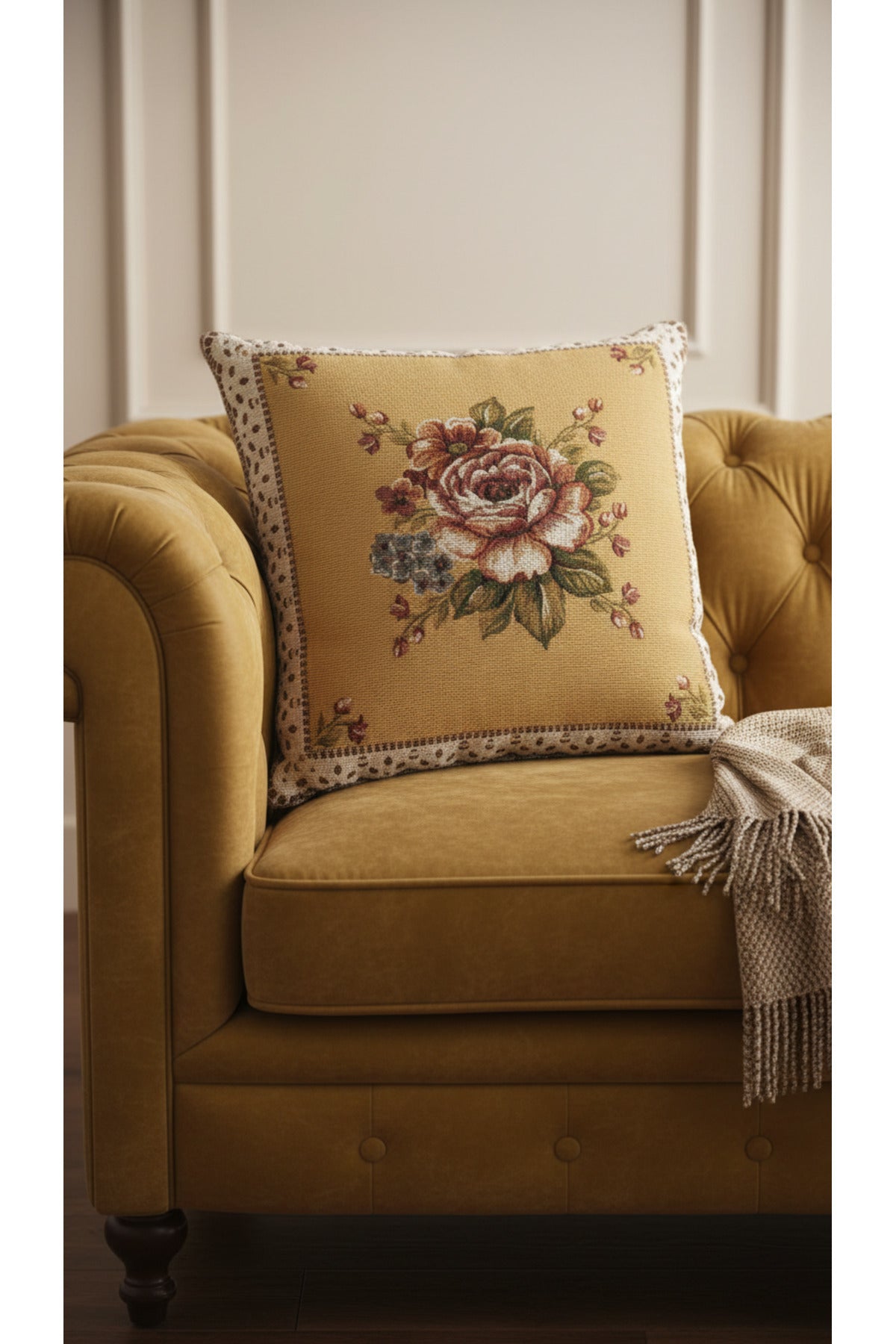 Tropikhome ST-9 Kırsal Ev Desenli 45 x 45 Cm Çift Taraflı Goblen Dokuma Kırlent Kılıfı — Çok Renkli