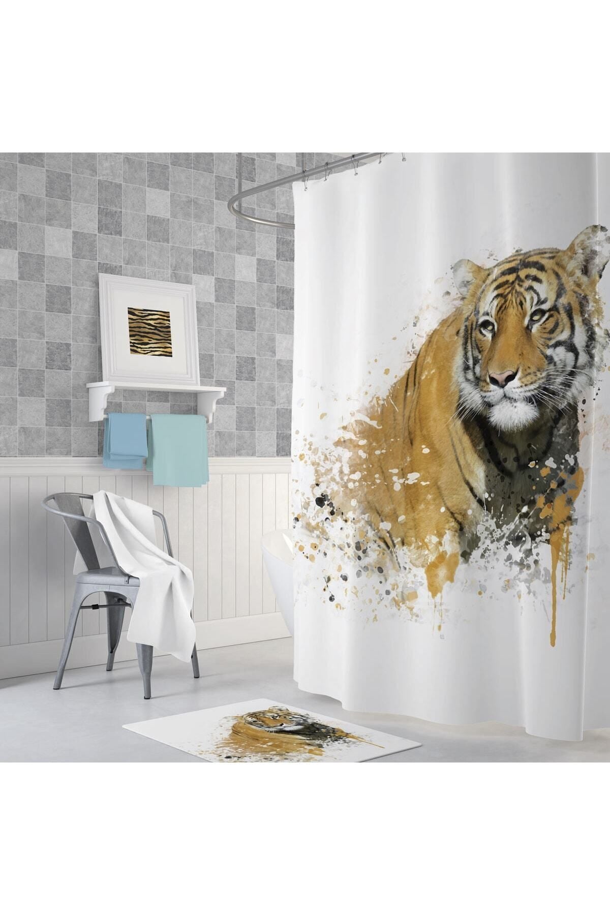 Tropikhome 180 x 200 Çok Renkli Kaplan Desenli Banyo Perdesi — Çok Renkli