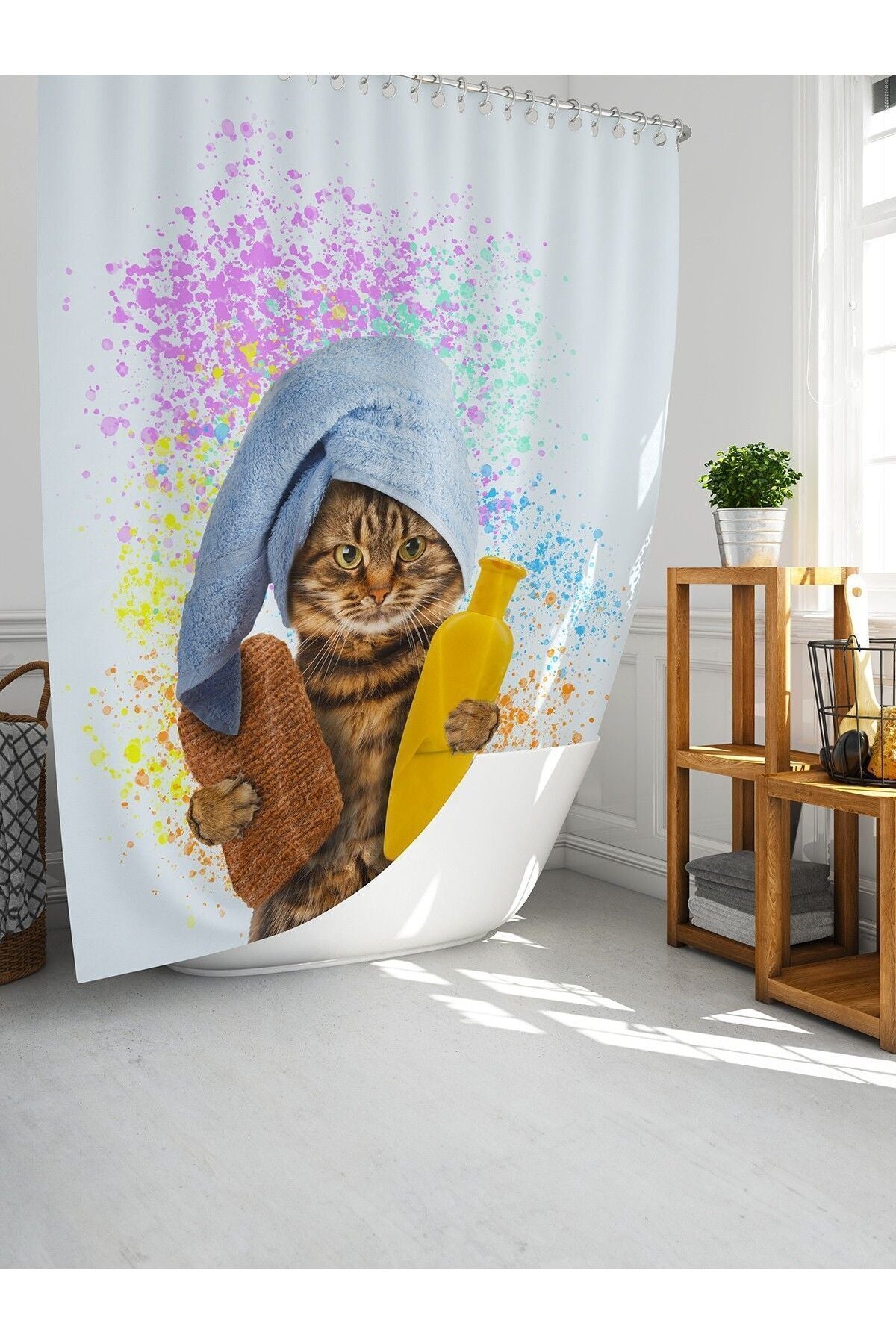 Tropikhome 180 x 200 Çok Renkli Kedi Desenli Banyo Perdesi — Çok Renkli