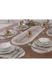 Tropikhome Nakışlı Ekru 32 x 110 Runner + 32 x 50*8 Amerikan Servisli 9 Parça Sunum Yemek Seti — Ekru