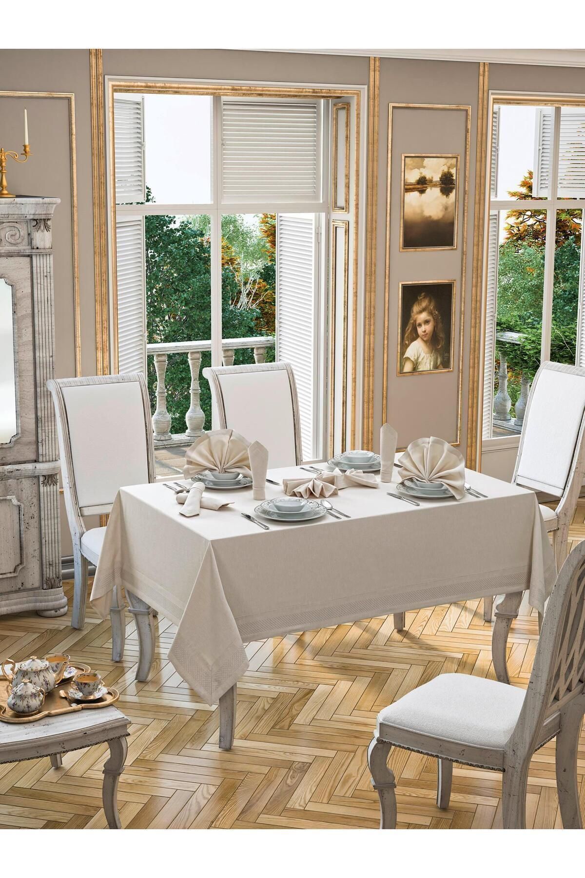 Tropikhome 160 x 220 + 8 Peçete Bej Pamuklu 9 Parça Masa Örtüsü Seti  — Bej