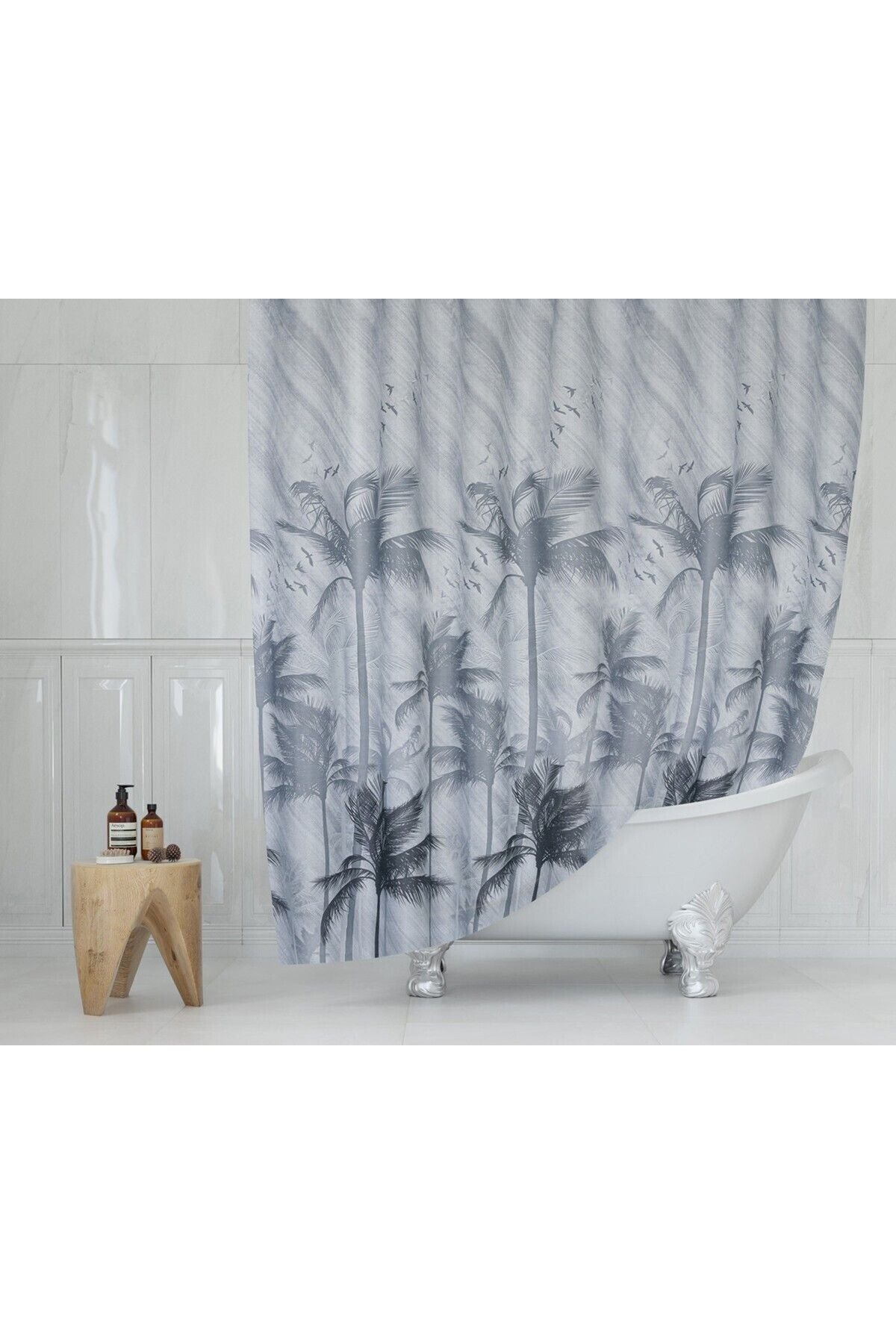 Tropikhome 120 X 200 (Çift Kanat) Gri Palmiye Desenli Banyo Perdesi — Gri