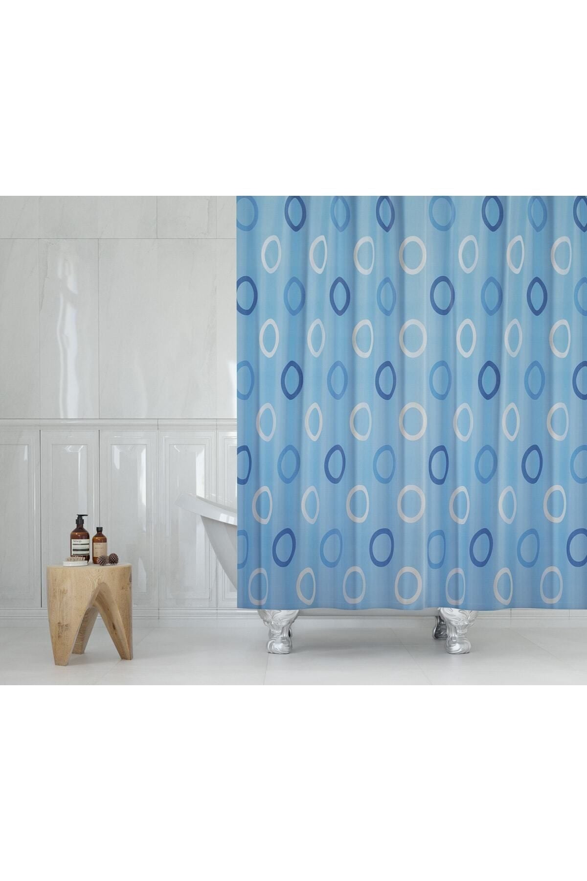 Tropikhome 180 x 200 Mavi Halka Desenli Banyo Perdesi — Mavi