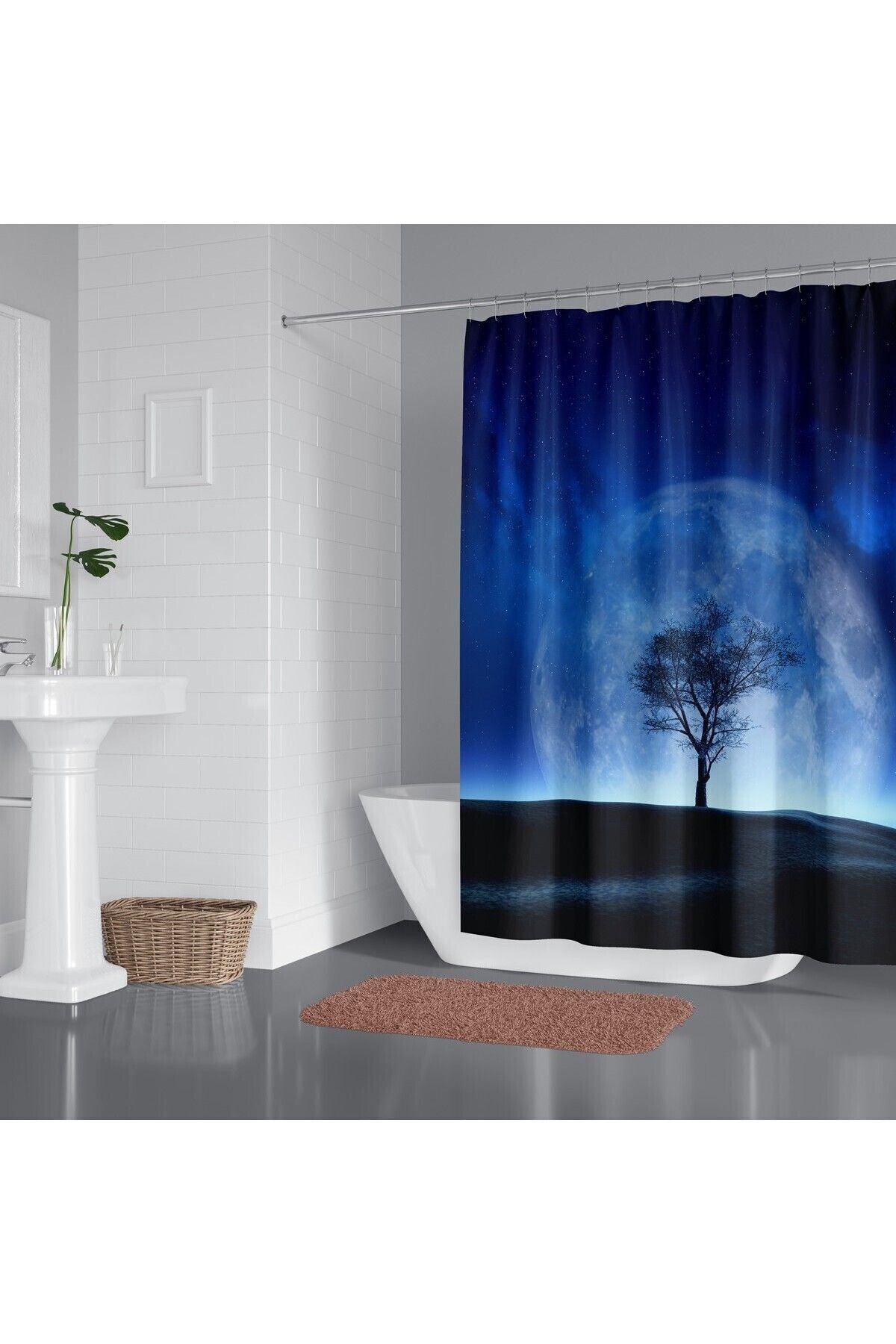 Tropikhome 180 x 200 Mavi Ay Desenli Banyo Perdesi — Mavi