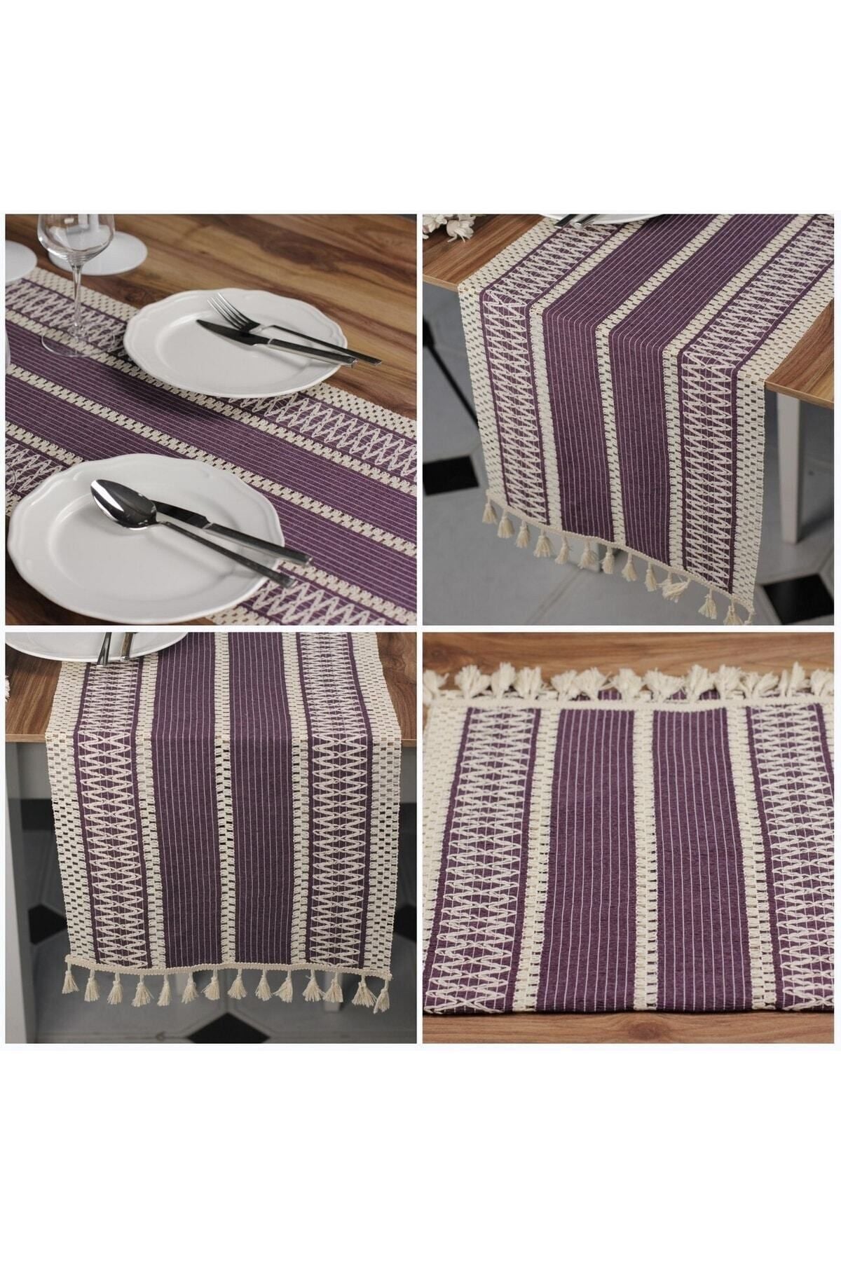 Ham Organik Pamuk Dantel Desenli Püsküllü Mor Runner 35x145 Cm  Masa Sunum Örtüsü — Mor