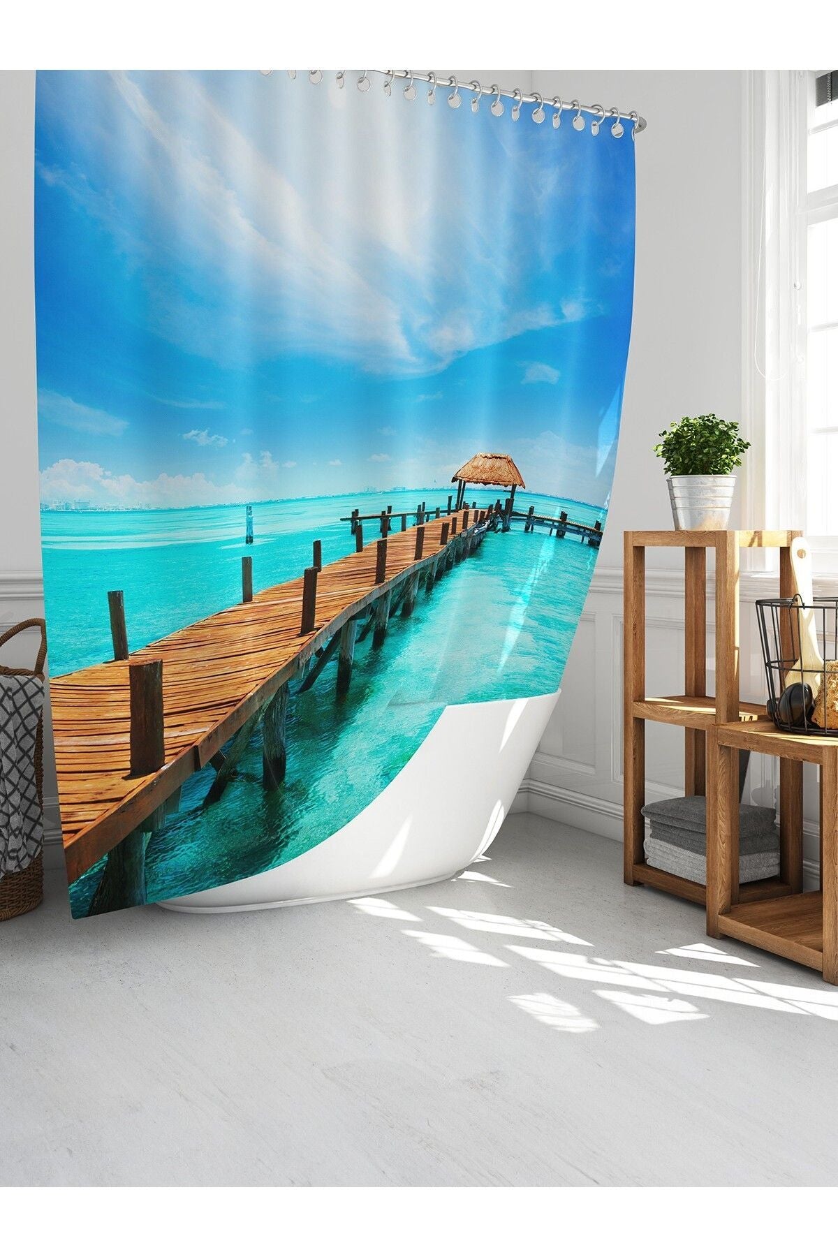 Tropikhome 180 x 200 Mavi Sahil Manzarası Desenli Banyo Perdesi — Mavi