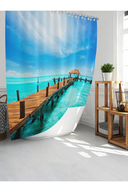 Tropikhome 180 x 200 Mavi Sahil Manzarası Desenli Banyo Perdesi — Mavi