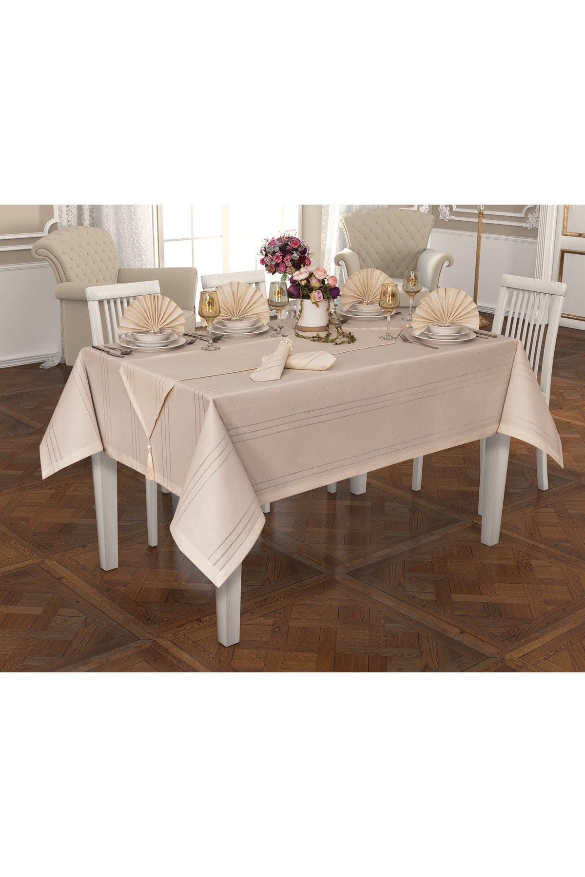 Tropikhome 160 x 220 + 1 Runner + 12 peçete + 12 Yüzük'lü Keten Görünümlü 26 Parça Dertsiz Çeyiz Seti — Bej