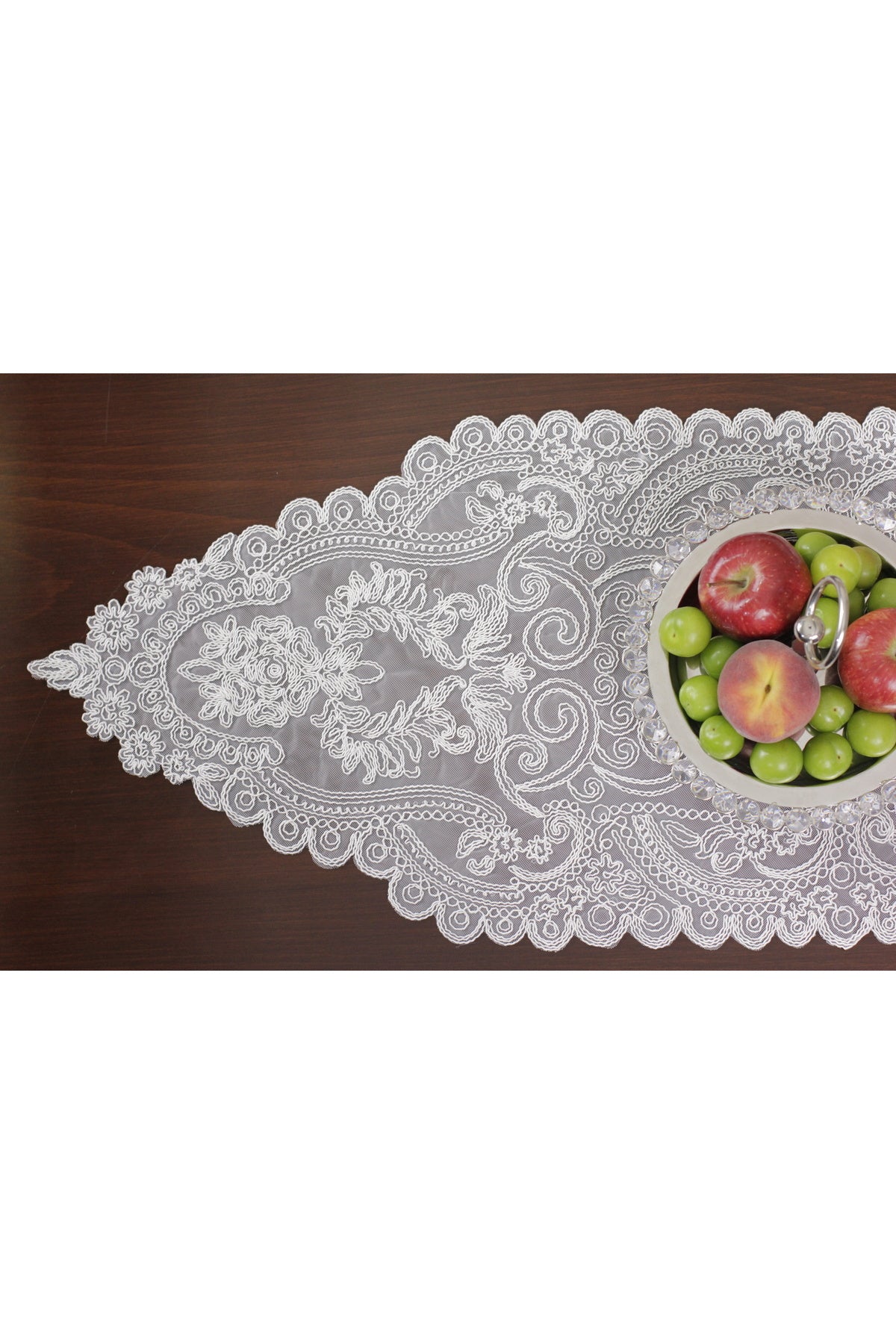 Tropikhome Nakışlı Ekru 35 x 115 Runner + 35 x 50*6 Amerikan Servisli 7 Parça Sunum Yemek Seti — Ekru