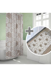 Kahverengi Fayans Desenli Kaymaz Taban Dijital Baskılı 50x80cm Banyo Paspası ve 180x200cm Dijital Baskılı Banyo Perdesi Takımı — 180 x 200 + 50 x 80