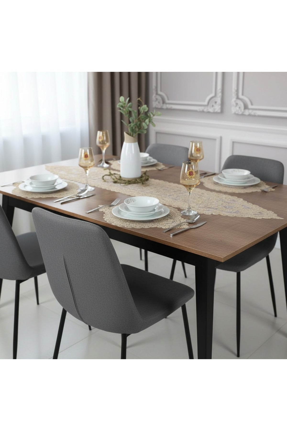 Tropikhome Nakışlı Bej 35 x 115 Runner + 35 x 50*8 Amerikan Servisli 9 Parça Sunum Yemek Seti — Bej