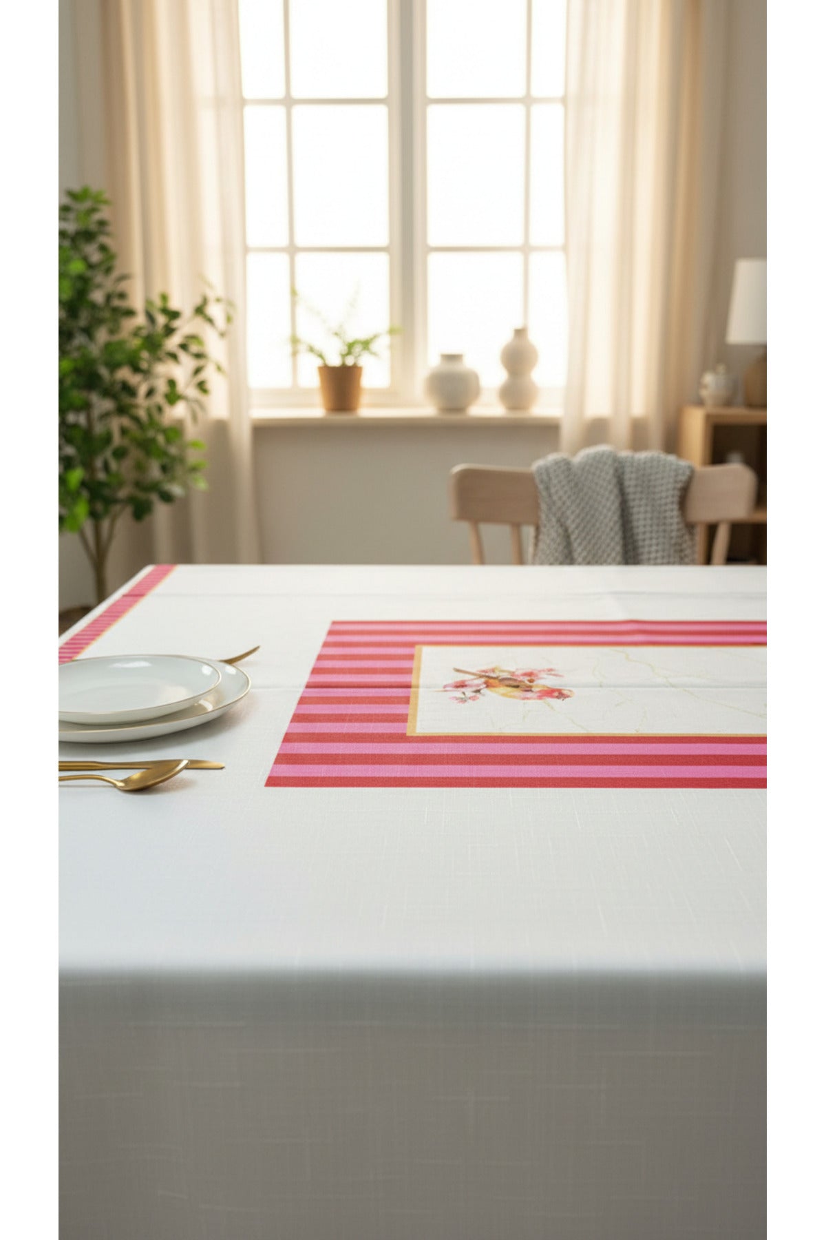 Tropikhome 140 x 180 Pembe Kuş Desenli Solma Yapmaz Dijital Baskılı Dertsiz Masa Örtüsü — Pembe