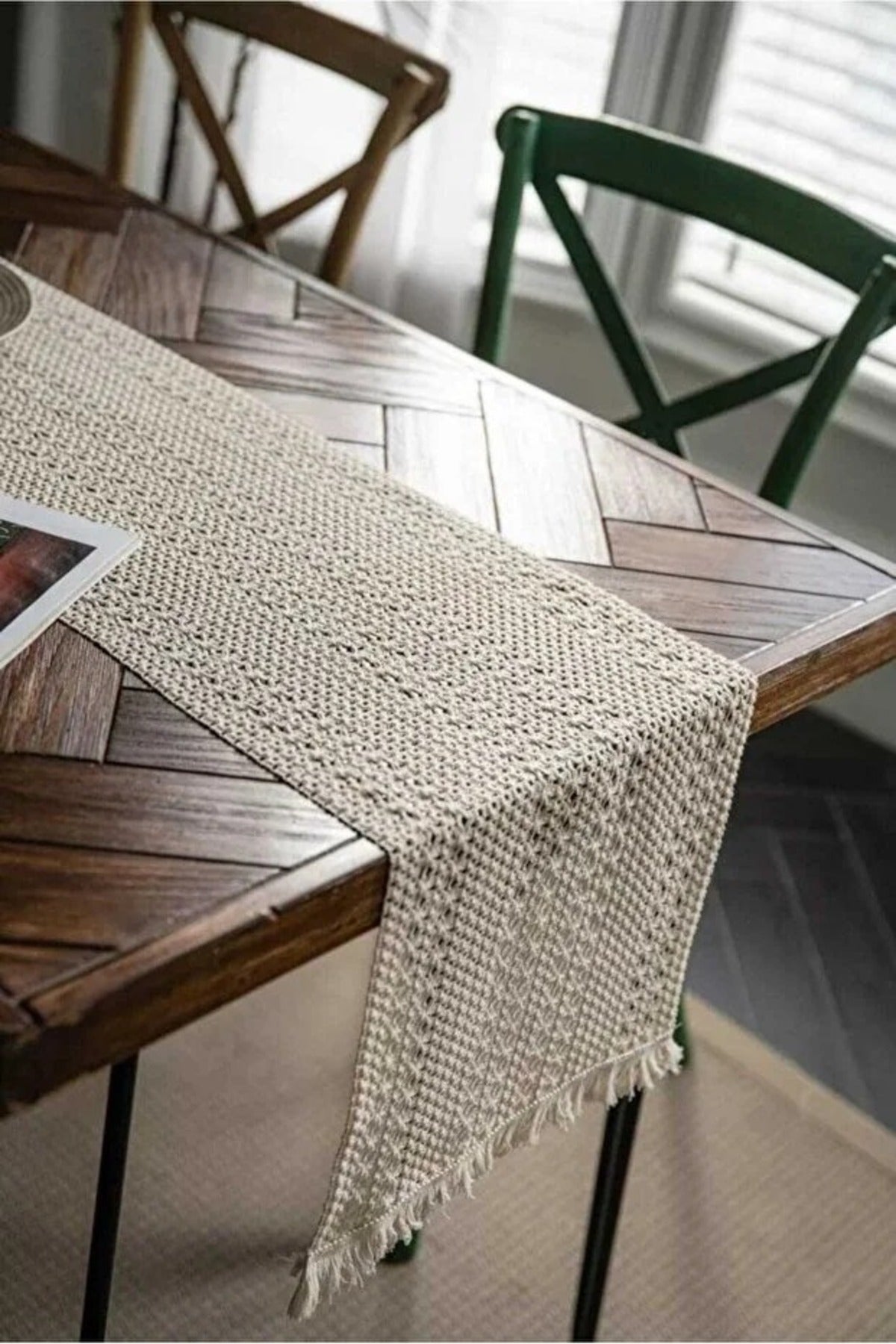 Tül Dantel Örgü Pamuklu Püsküllü Krem 35x145 Cm Runner — Krem