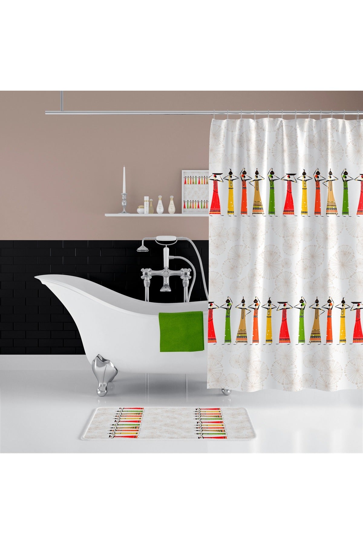 Tropikhome 180 x 200 Çok Renkli Akrika Desenli Banyo Perdesi — Çok Renkli