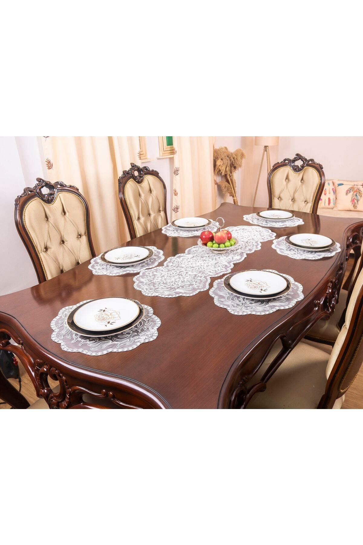 Tropikhome Nakışlı Ekru 40 x 110 Runner + 40 x 40*6 Amerikan Servisli 7 Parça Sunum Yemek Seti — Ekru