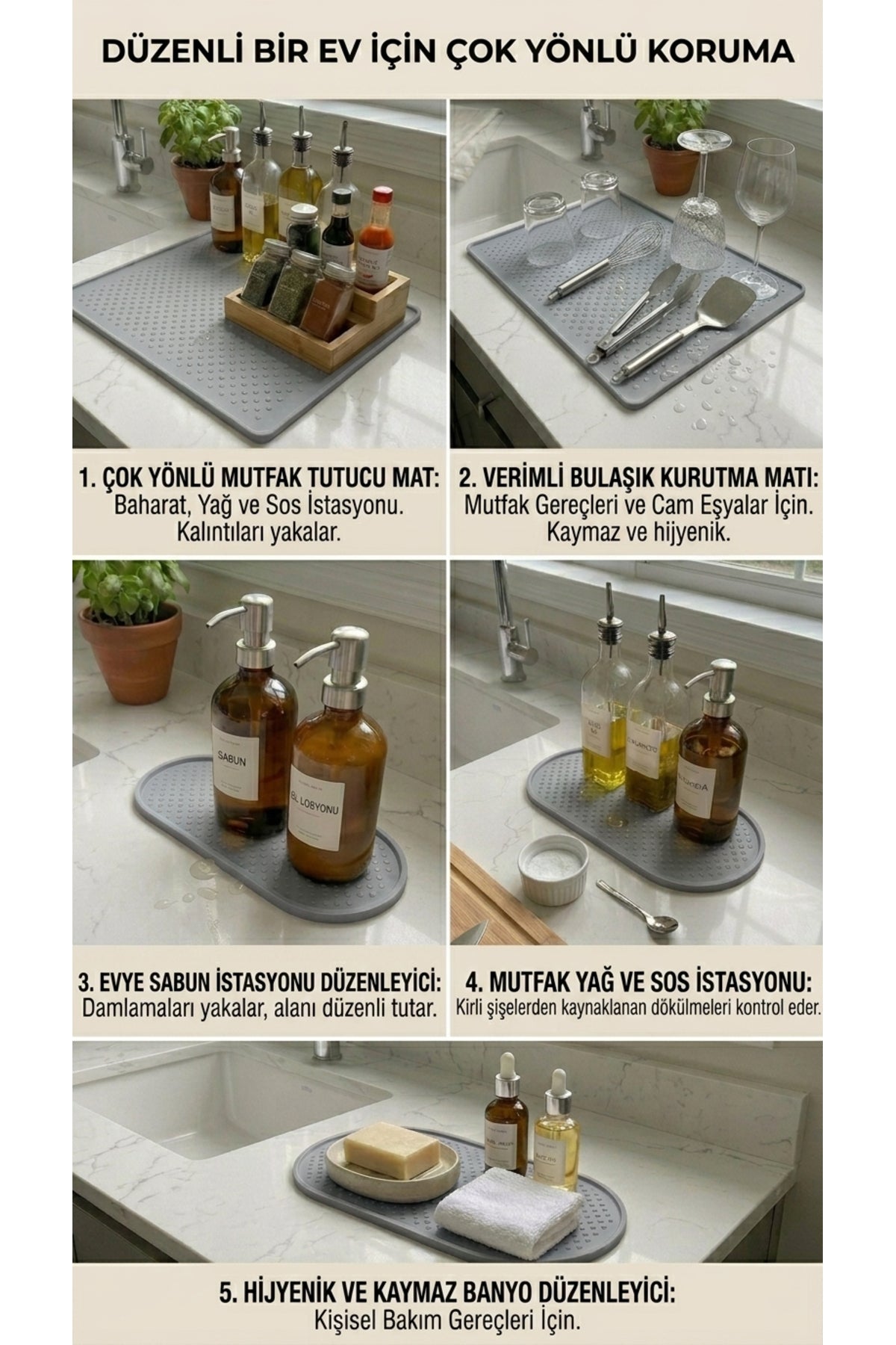 2’li Çok Amaçlı Plastik Tezgah Matı –Kaymaz Su Geçirmez Kurutma Matı| Sabunluk Yağdanlık Sunumluk Altlığı — 28 x 45 + 13 x 23