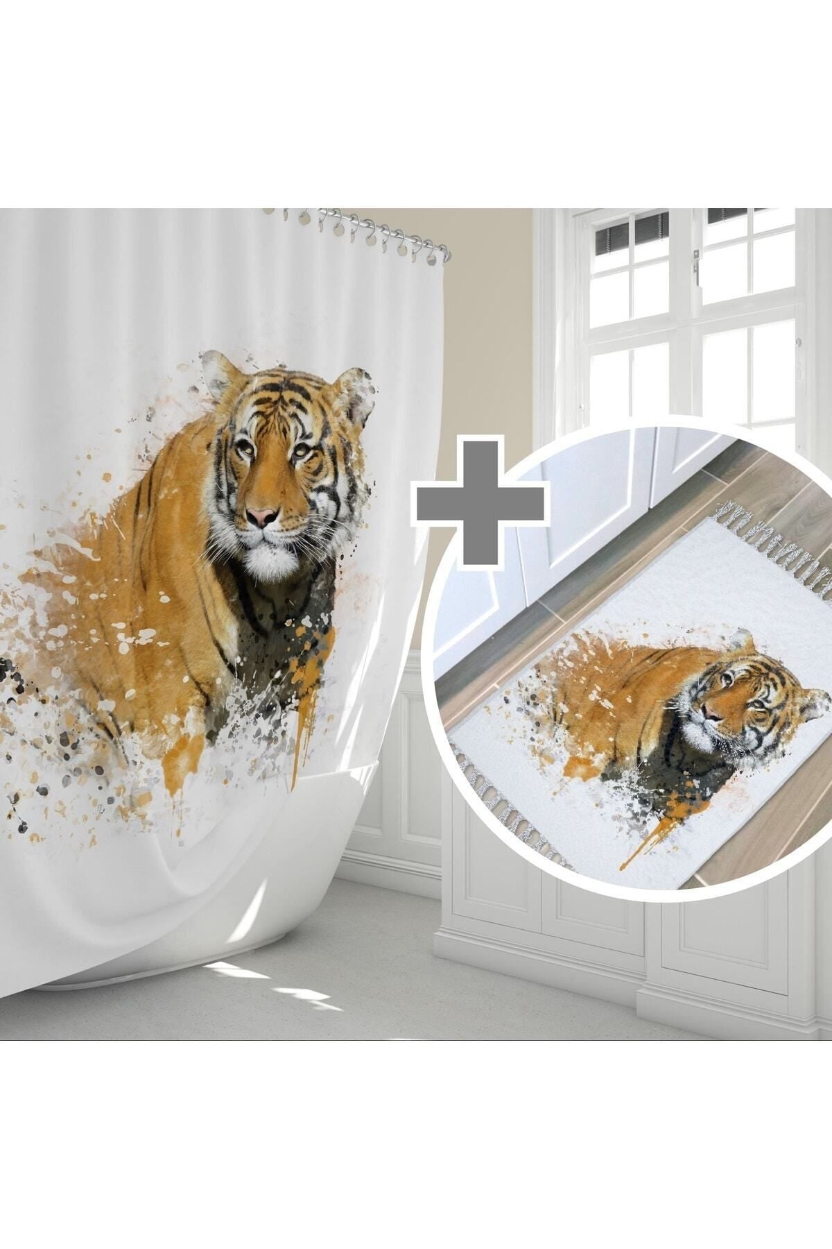 Kaplan Desenli Kaymaz Taban Dijital Baskılı 50x80cm Banyo Paspası ve 180x200cm Dijital Baskılı Banyo Perdesi Takımı — 180 x 200 + 50 x 80