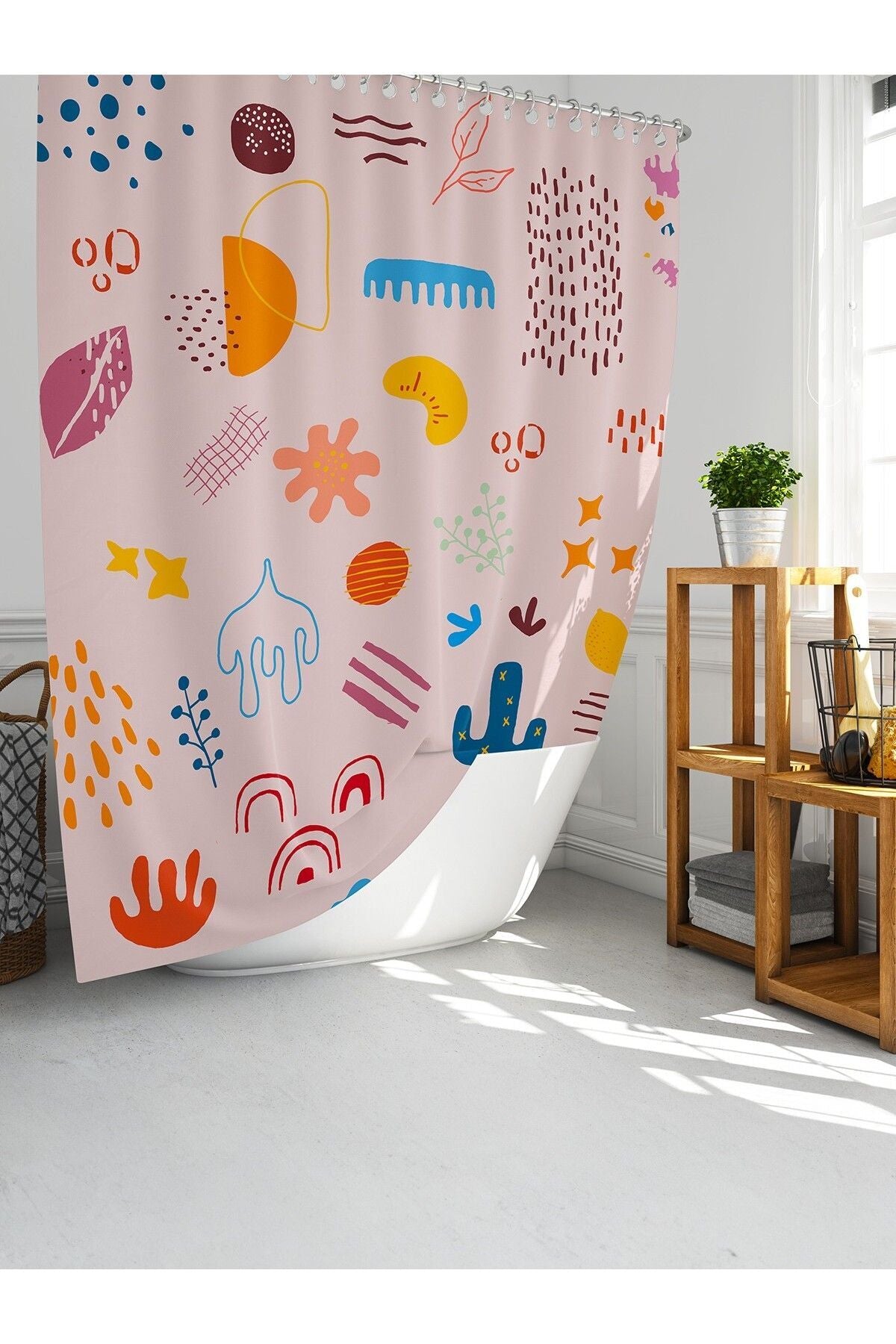 Tropikhome 180 x 200 Pembe Desenli Banyo Perdesi — Pembe