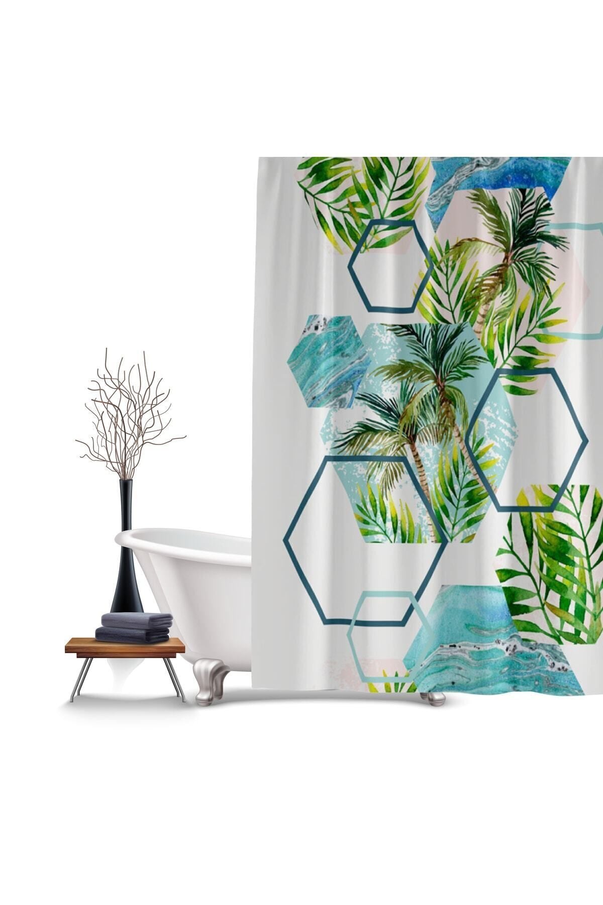 Tropikhome 180 x 200 Çok Renkli Palmiye Desenli Banyo Perdesi — Çok Renkli