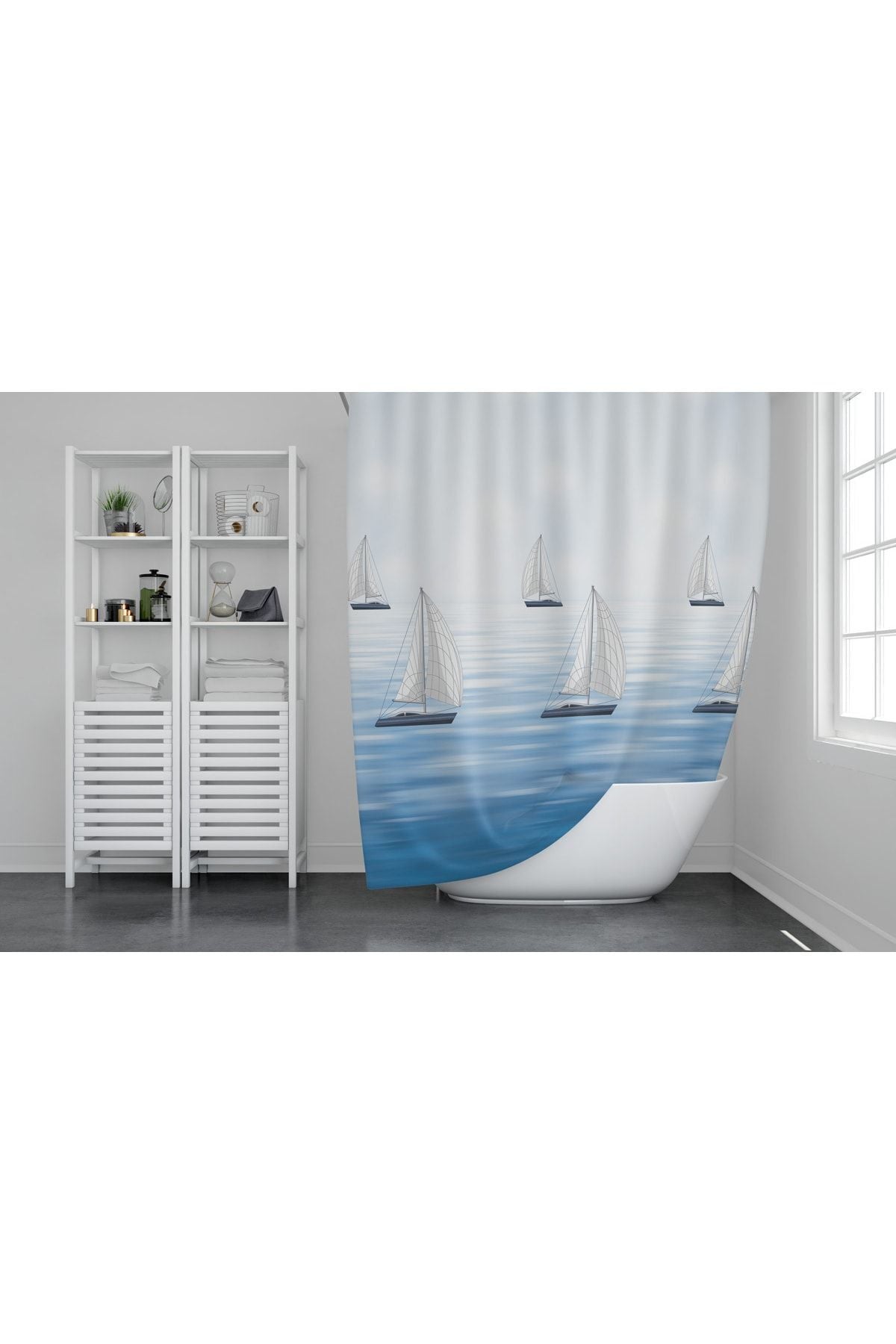Tropikhome 180 x 200 Mavi Desenli Banyo Perdesi — Mavi
