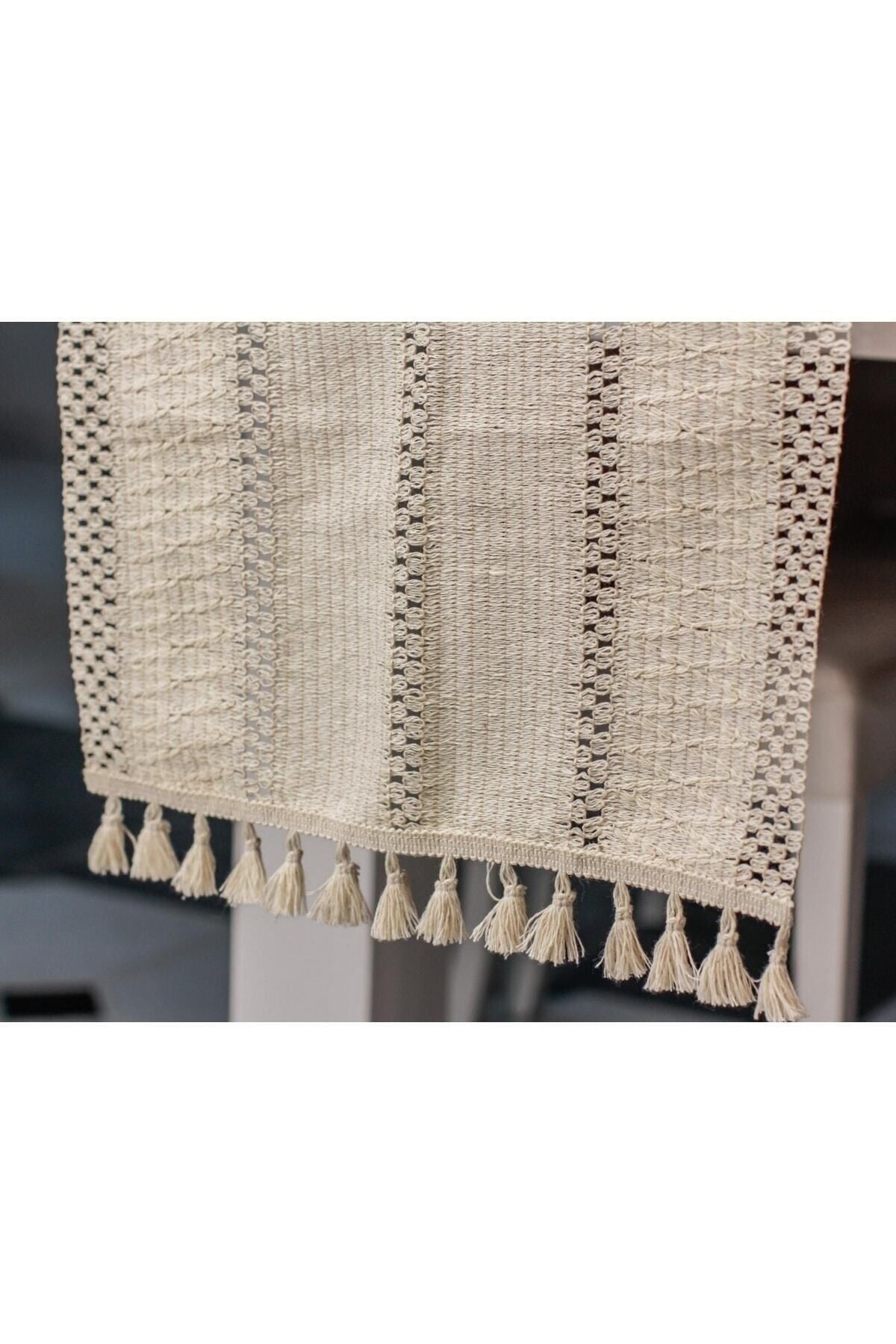 Ham Organik Pamuk Dantel Desenli Püsküllü Krem Runner 35x145 Cm  Masa Sunum Örtüsü — Krem