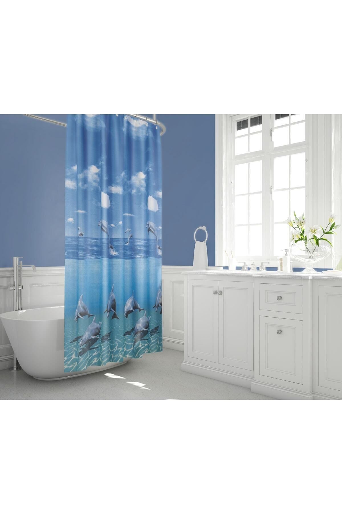 Tropikhome 180 x 200 Mavi Yunus Desenli Banyo Perdesi — Mavi
