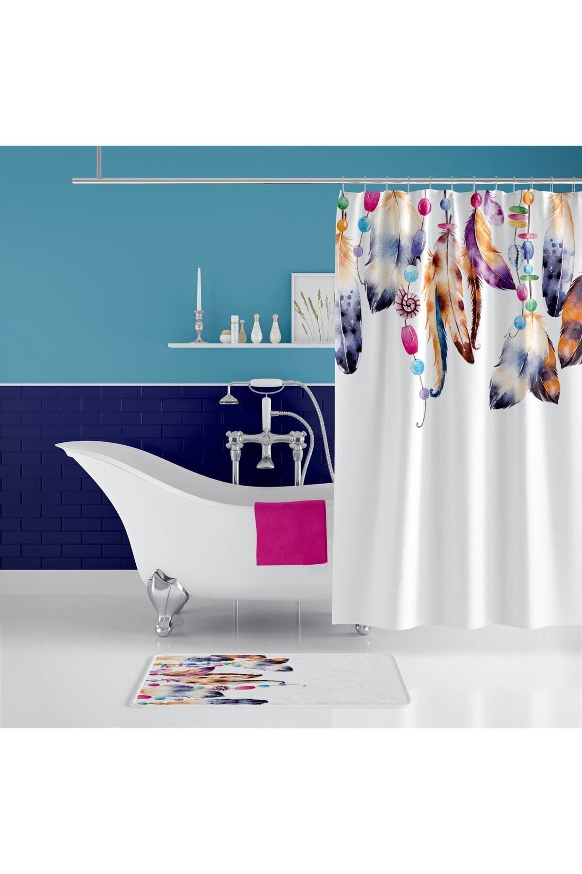 Tüy Desenli Kaymaz Taban Dijital Baskılı 50x80cm Banyo Paspası ve 180x200cm Dijital Baskılı Banyo Perdesi Takımı — 180 x 200 + 50 x 80
