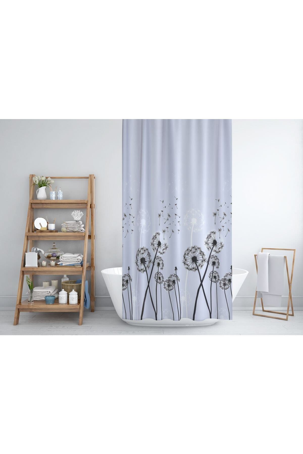 Tropikhome 120 X 200 (Çift Kanat) Gri Karahindiba Desenli Banyo Perdesi — Gri