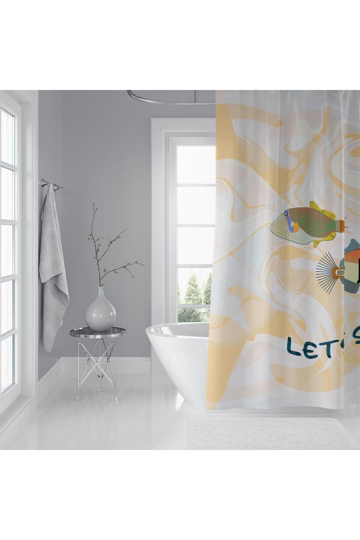 Tropikhome 180 x 200 Bej Balık Desenli Banyo Perdesi — Bej