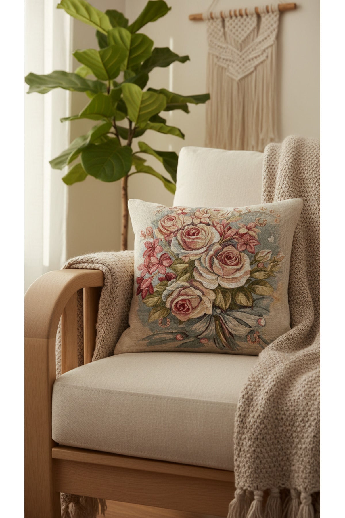 Tropikhome ST-9 Kırsal Ev Desenli 45 x 45 Cm Çift Taraflı Goblen Dokuma Kırlent Kılıfı — Çok Renkli