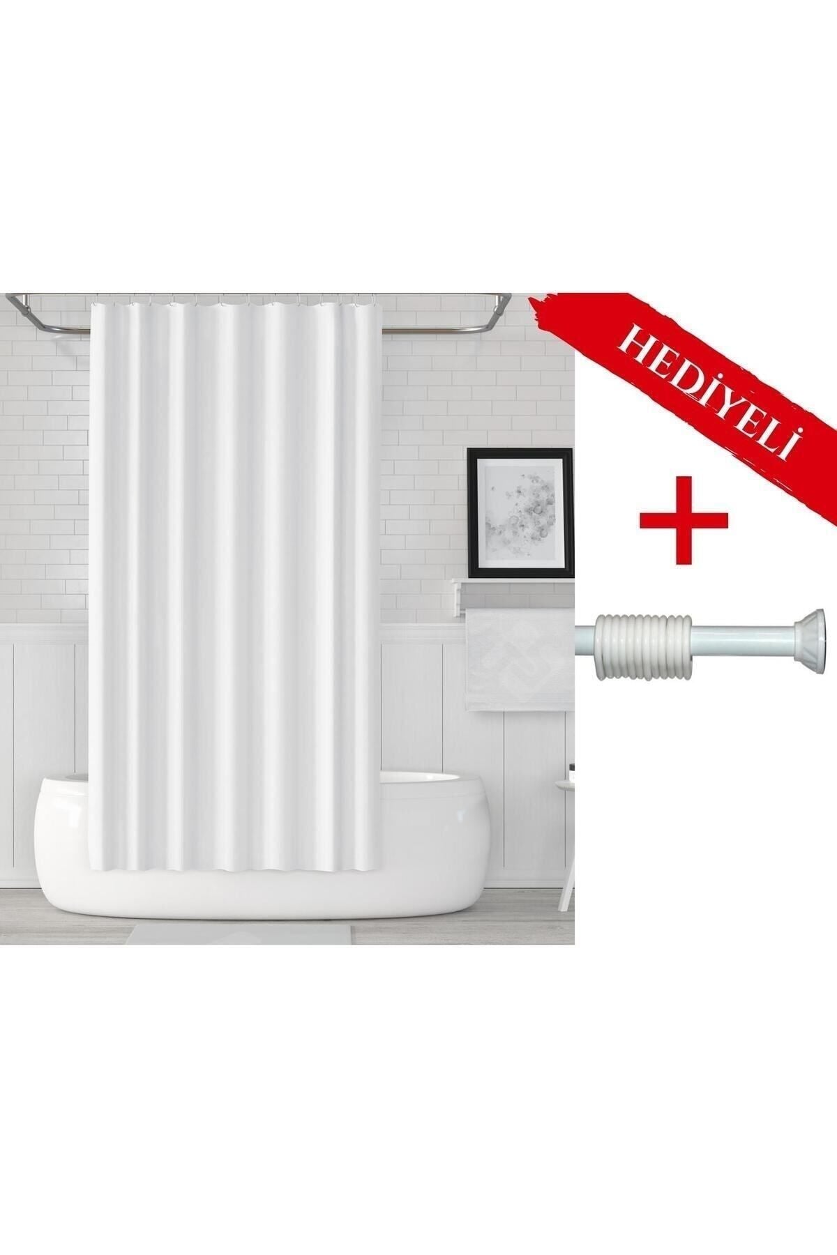 Beyaz Renk Polyester Kumaş Banyo Perdesi 2MT Beyaz Yaylı Boru ve C-halkalı Set — Beyaz